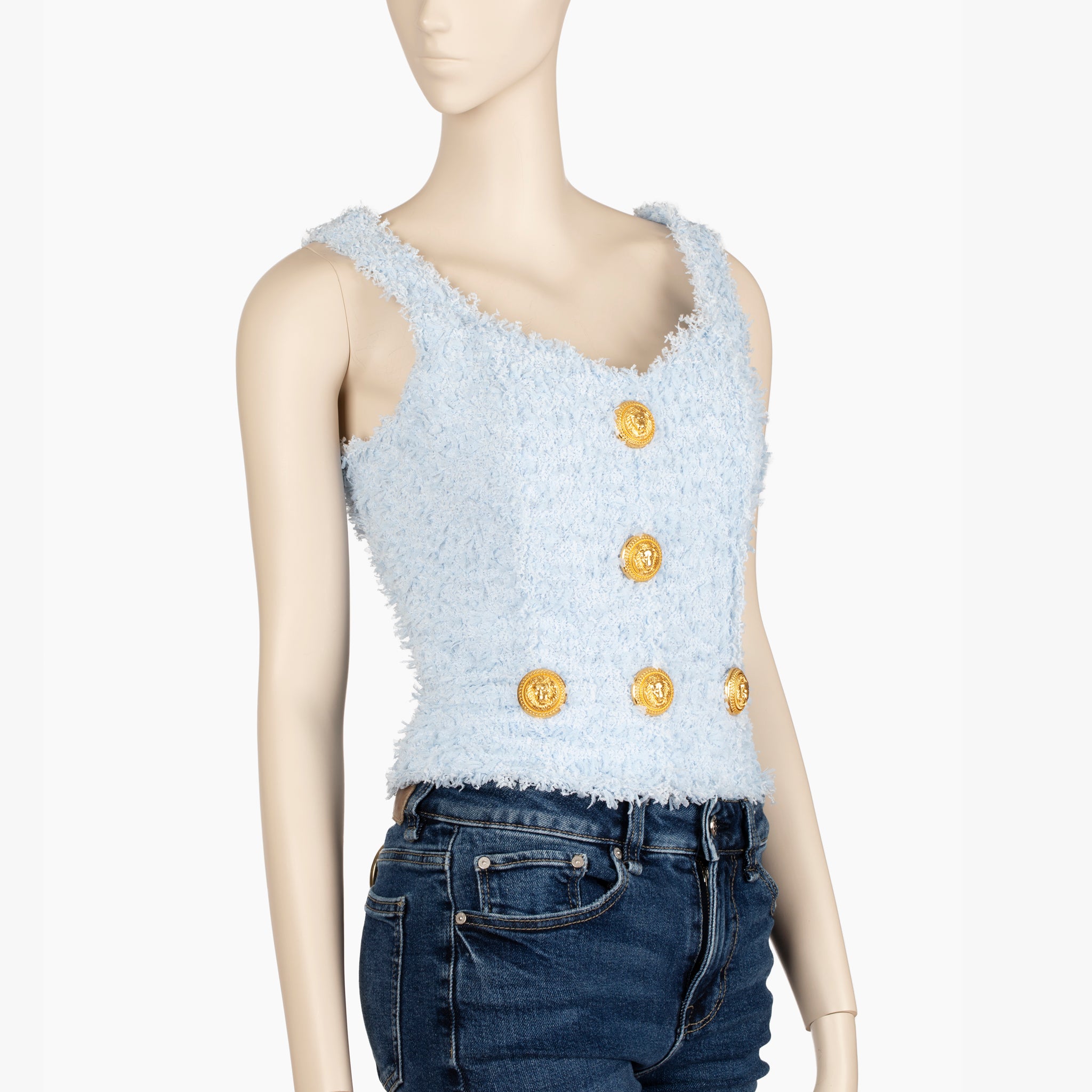 Balmain Paris Pale Blue Bouclé Crop Top with Gold Lion Buttons – 36 FR