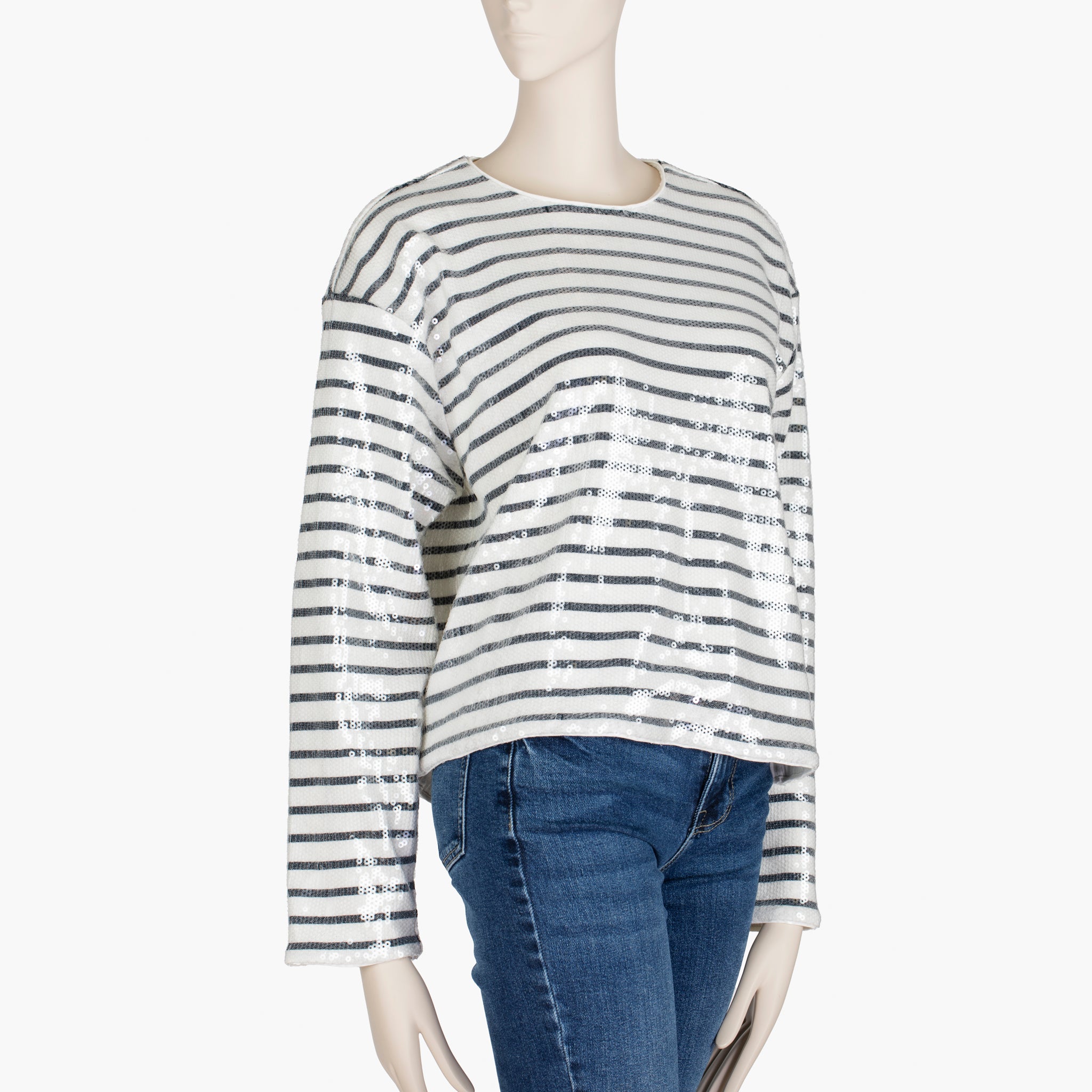 FRAME Navy & White Sequin Striped Long Sleeve Organic Cotton Top – Size M