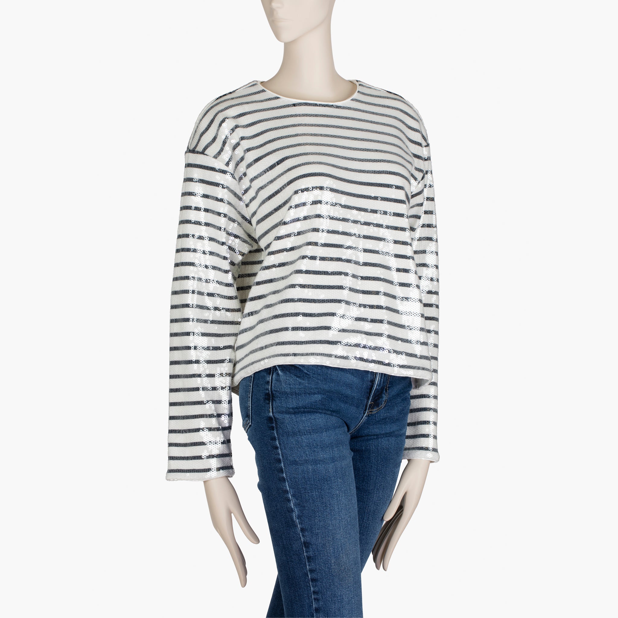 FRAME Navy & White Sequin Striped Long Sleeve Organic Cotton Top – Size M
