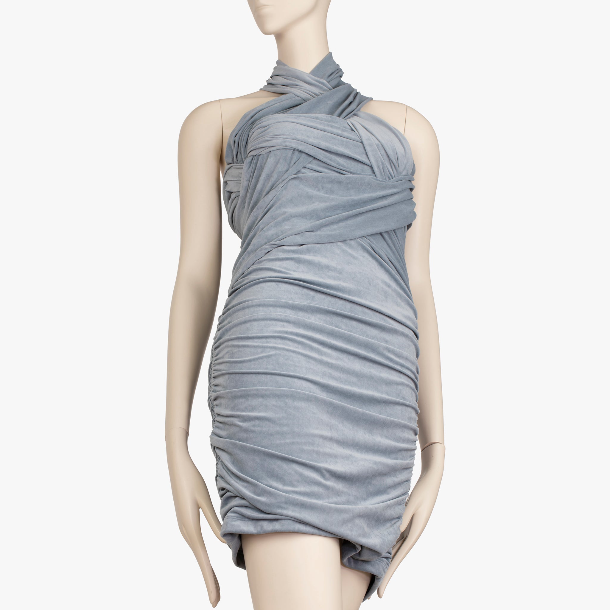Alexander Wang Slate Blue Crossover Draping, Ruched Jersey Halter Mini Dress