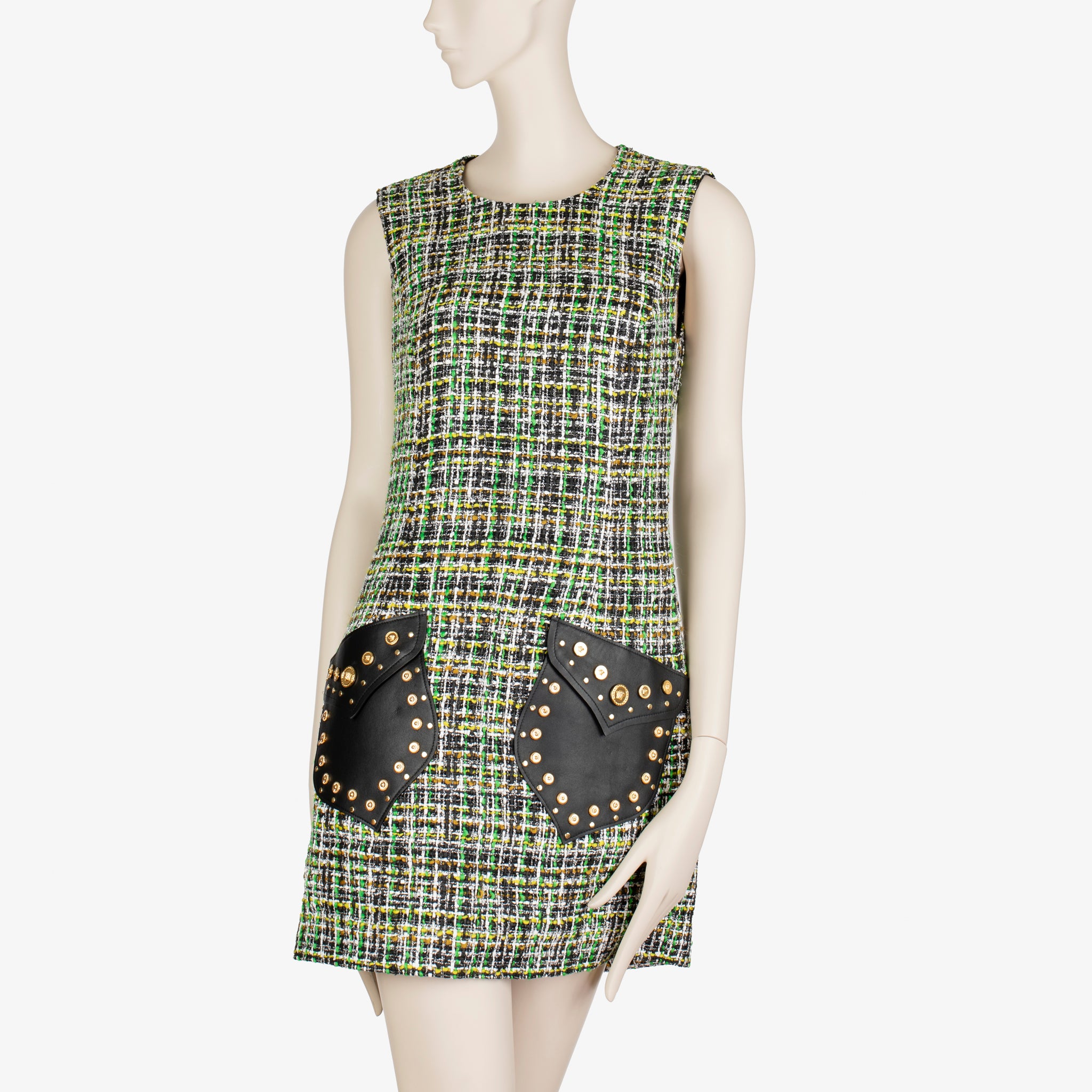 Versace Tweed Mini Dress with Leather Studded Pockets – Size 40 IT