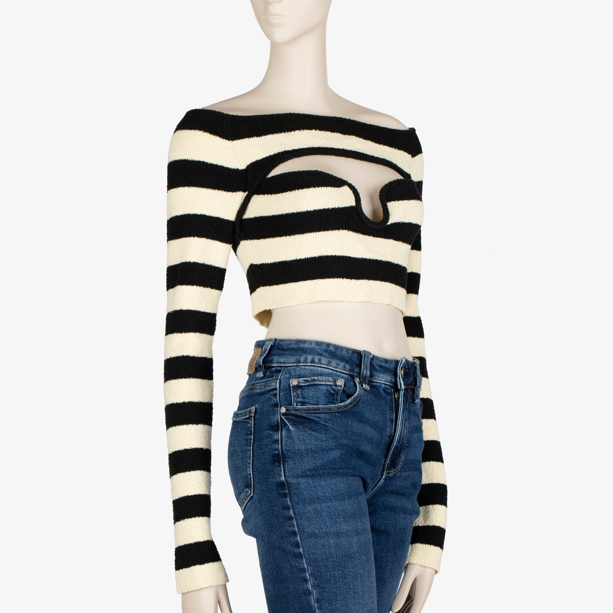 Nanushka Striped Off-Shoulder Knit Crop Top with Cut-Out Detail - Size M