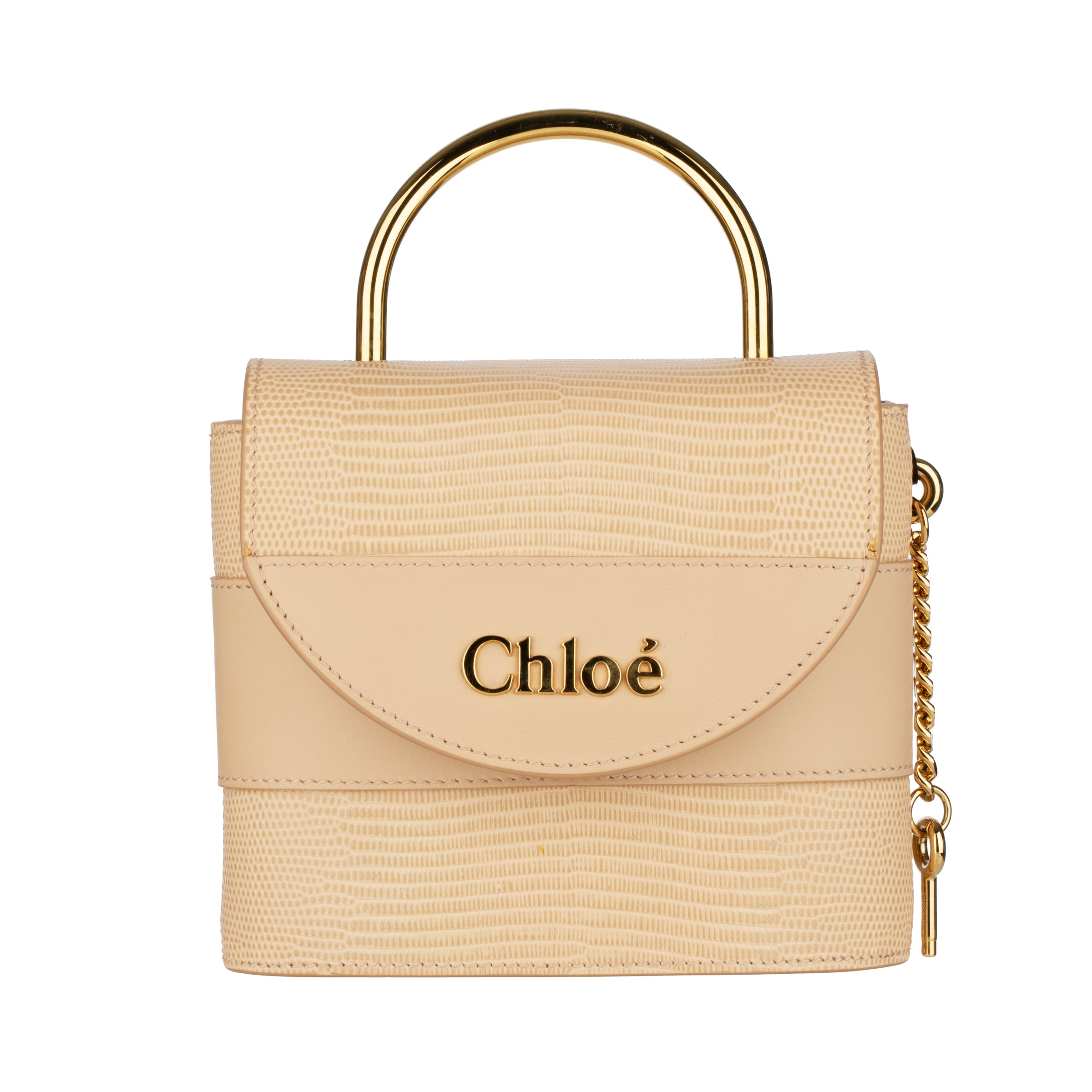 Chloè Aby Lock Emblossed Beige Lizard Leather Handbag