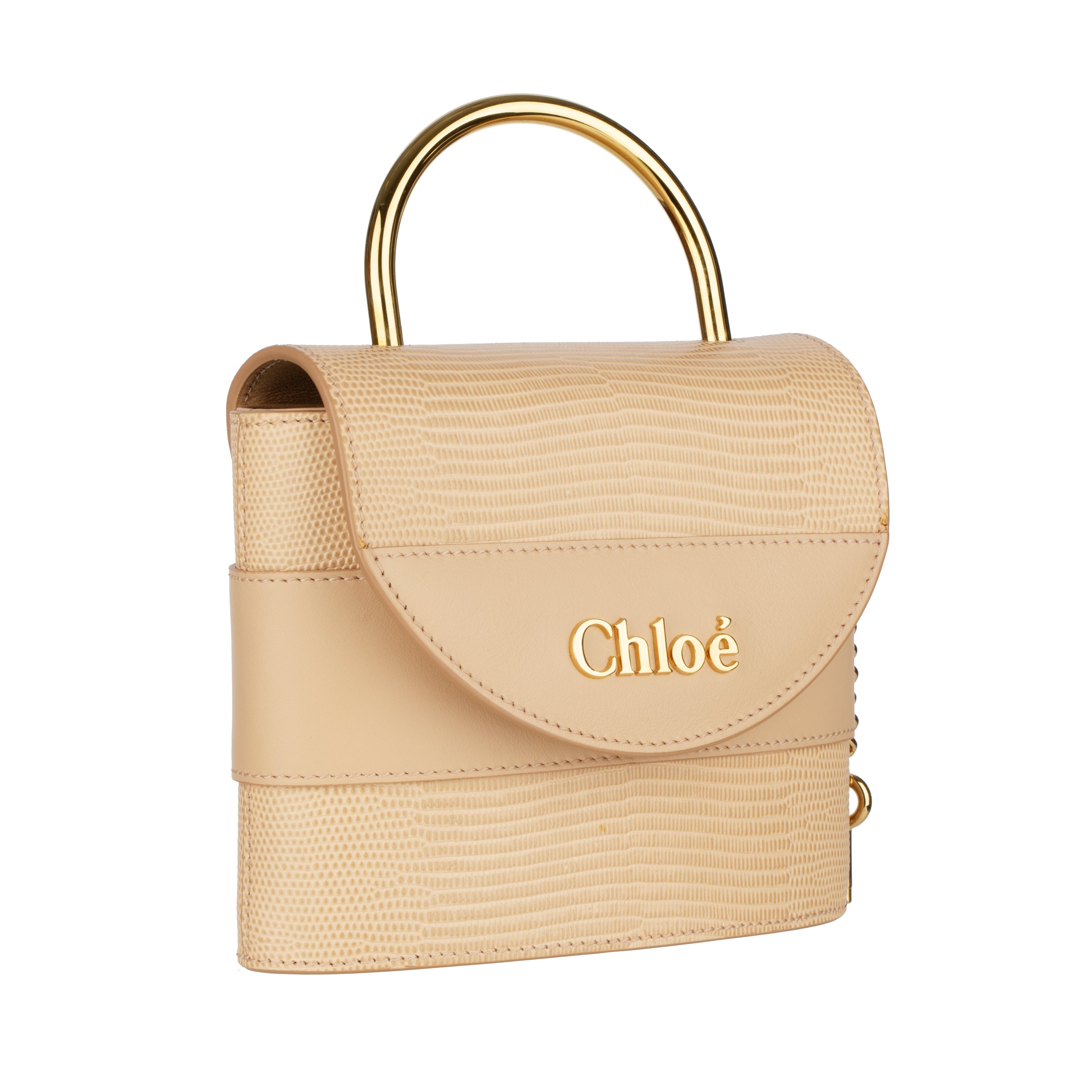 Chloè Aby Lock Emblossed Beige Lizard Leather Handbag