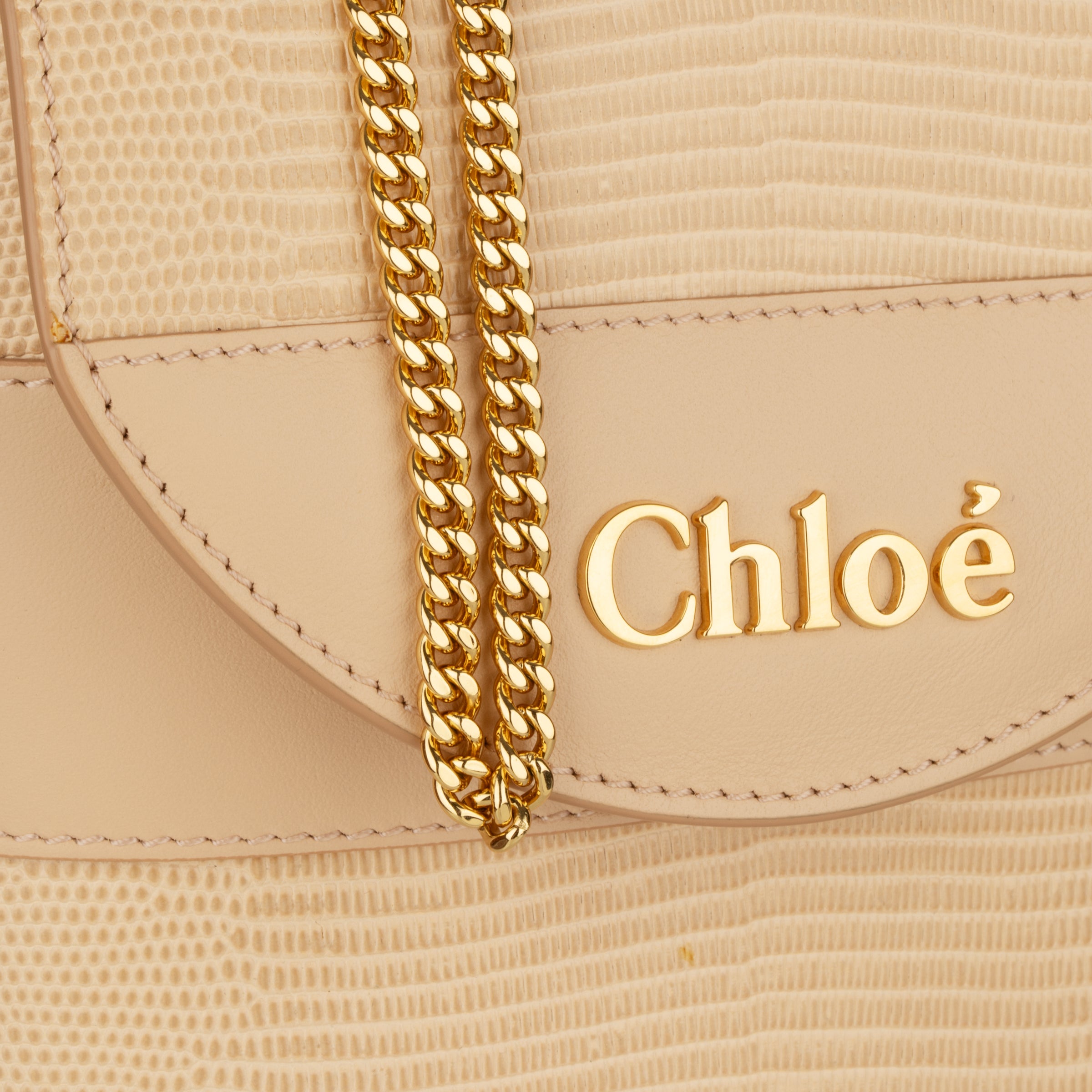 Chloè Aby Lock Emblossed Beige Lizard Leather Handbag