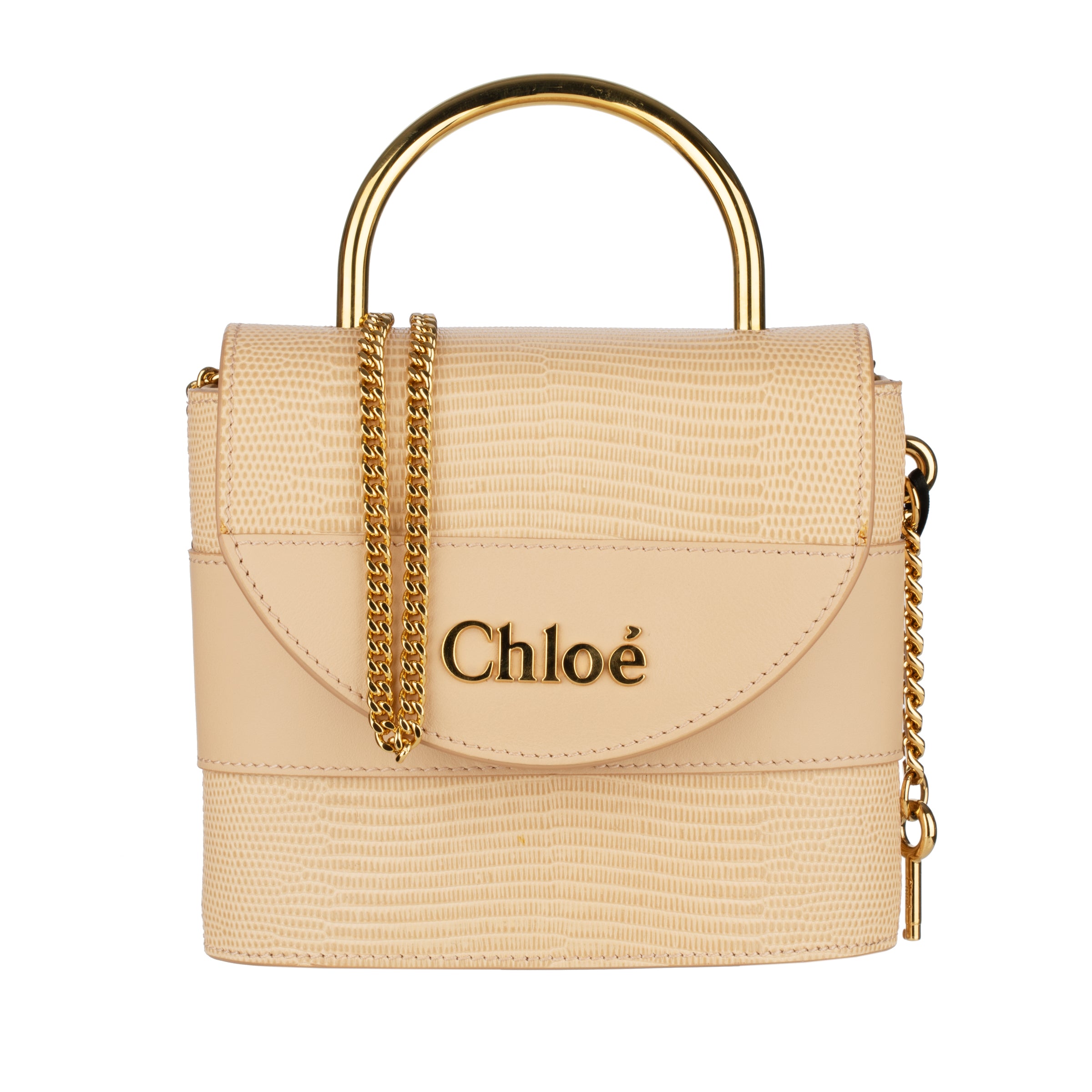 Chloè Aby Lock Emblossed Beige Lizard Leather Handbag