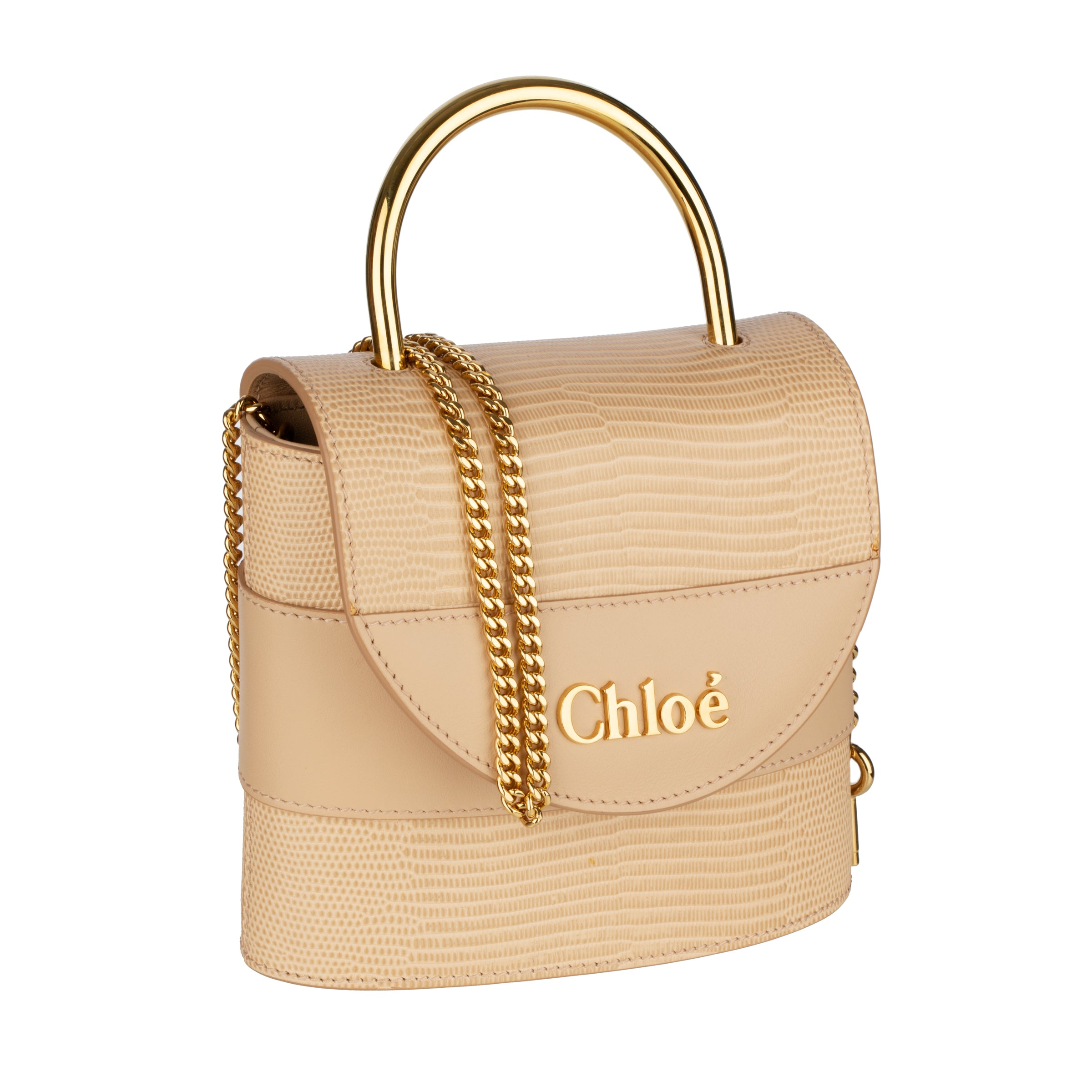 Chloè Aby Lock Emblossed Beige Lizard Leather Handbag