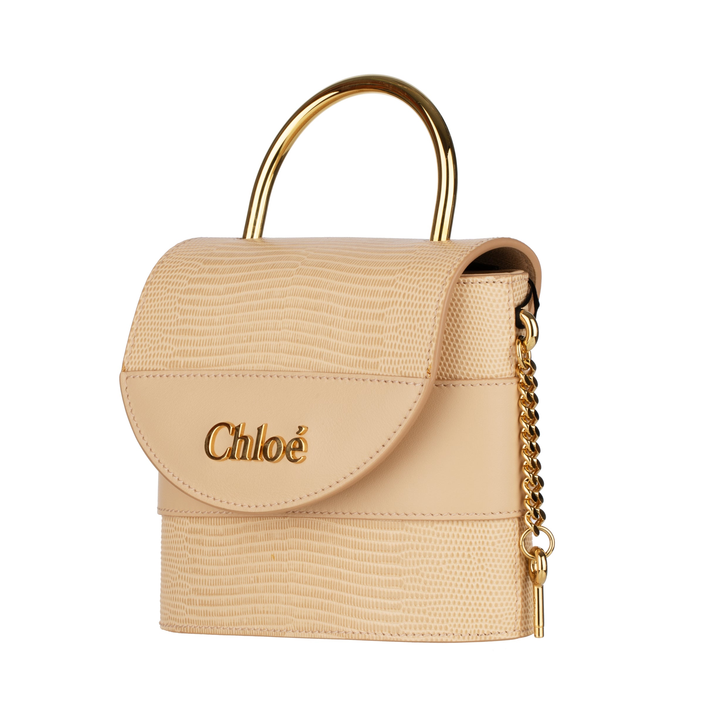 Chloè Aby Lock Emblossed Beige Lizard Leather Handbag