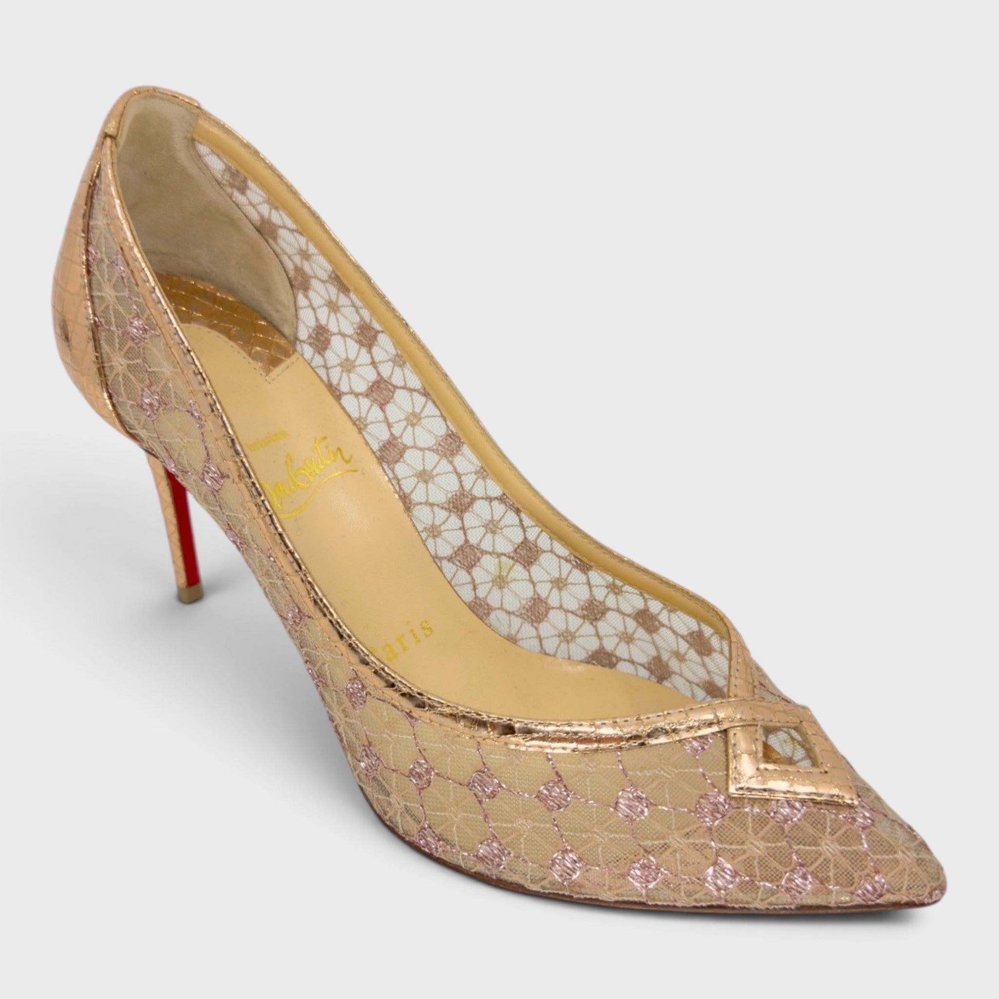 Christian Louboutin Metallic Rose Gold Mesh Heels | Size 36.5