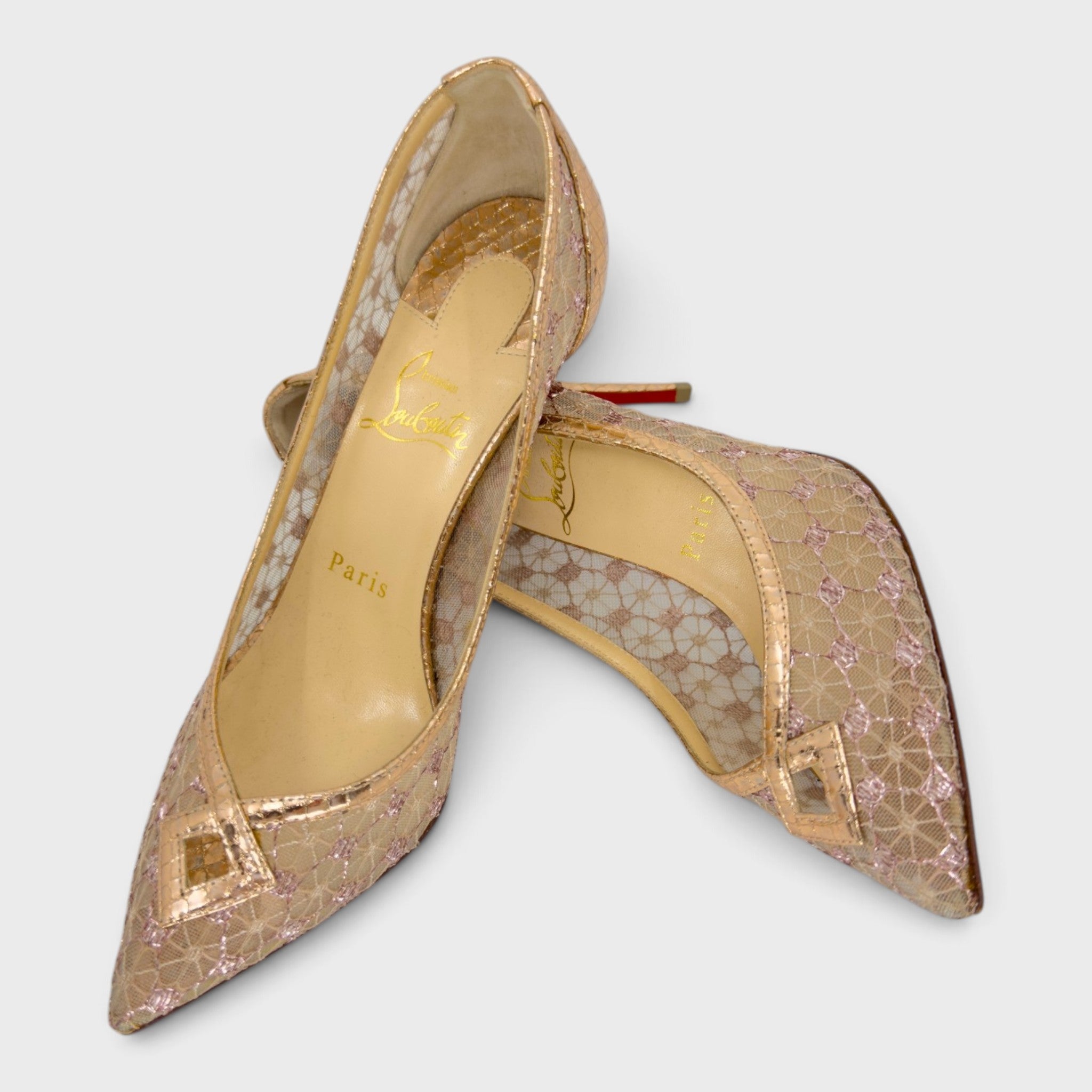 Christian Louboutin Metallic Rose Gold Mesh Heels | Size 36.5