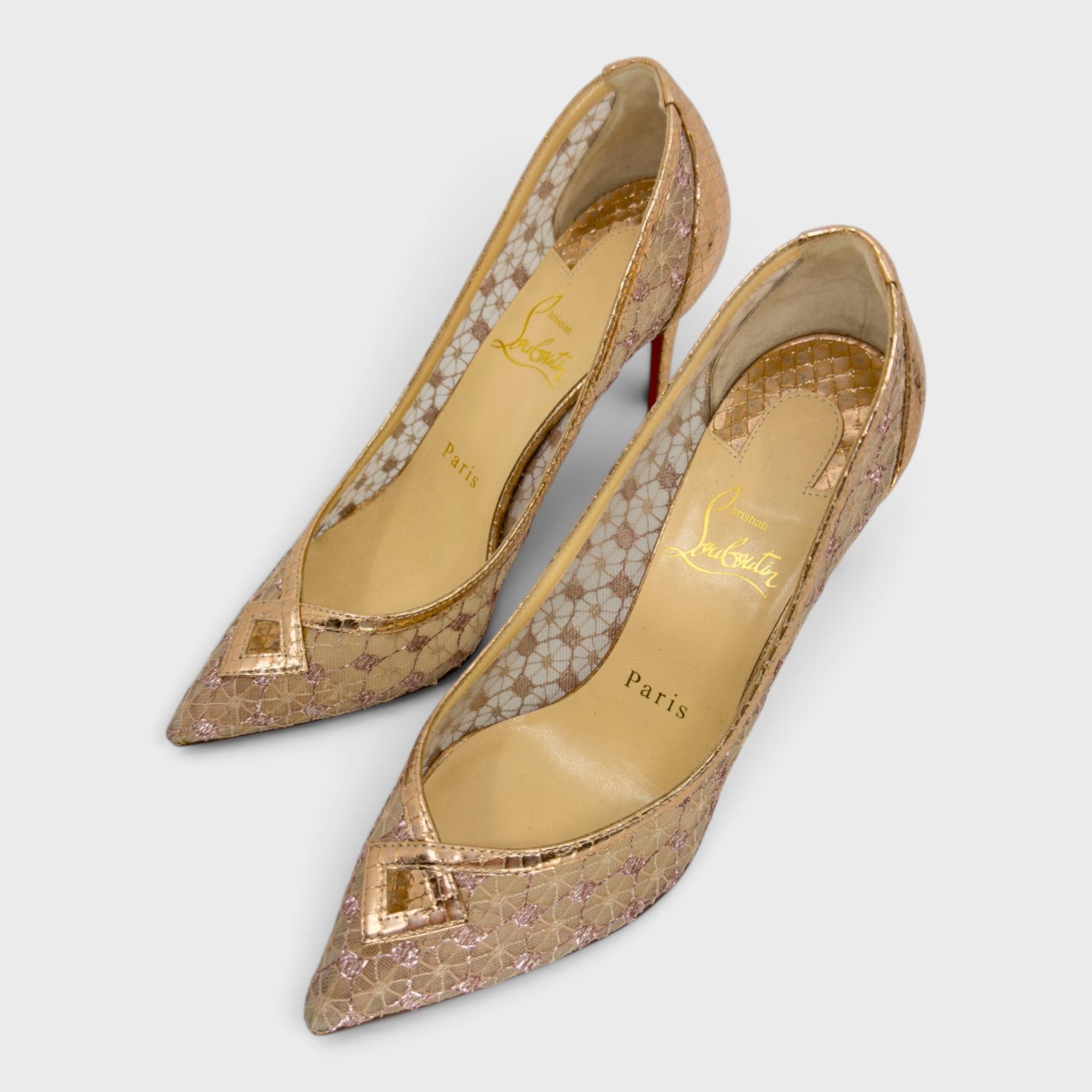 Christian Louboutin Metallic Rose Gold Mesh Heels | Size 36.5