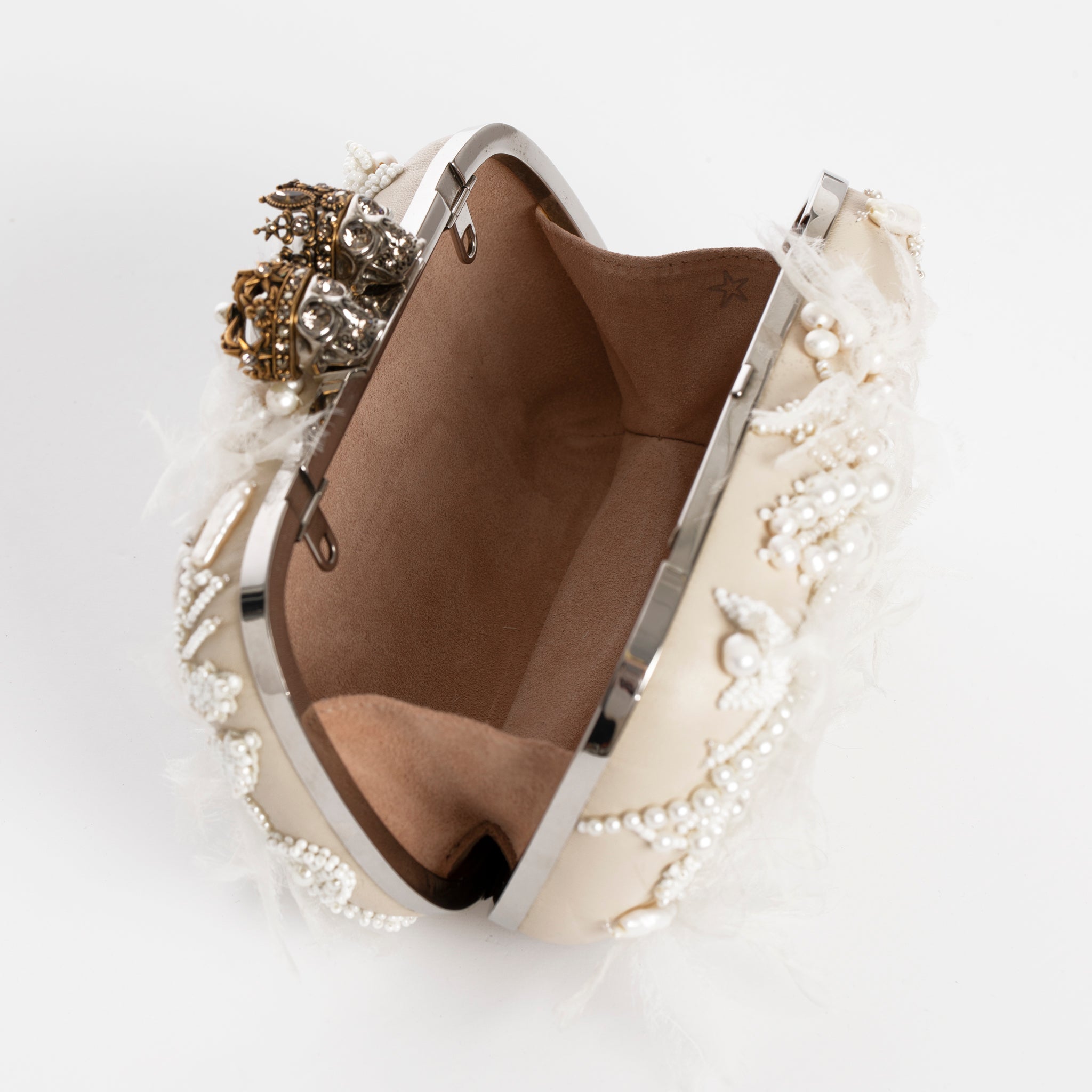 Alexander McQueen Queen & King Ivory Leather, Pearl, Crystal & Silk Clutch Silver Tone Hardware