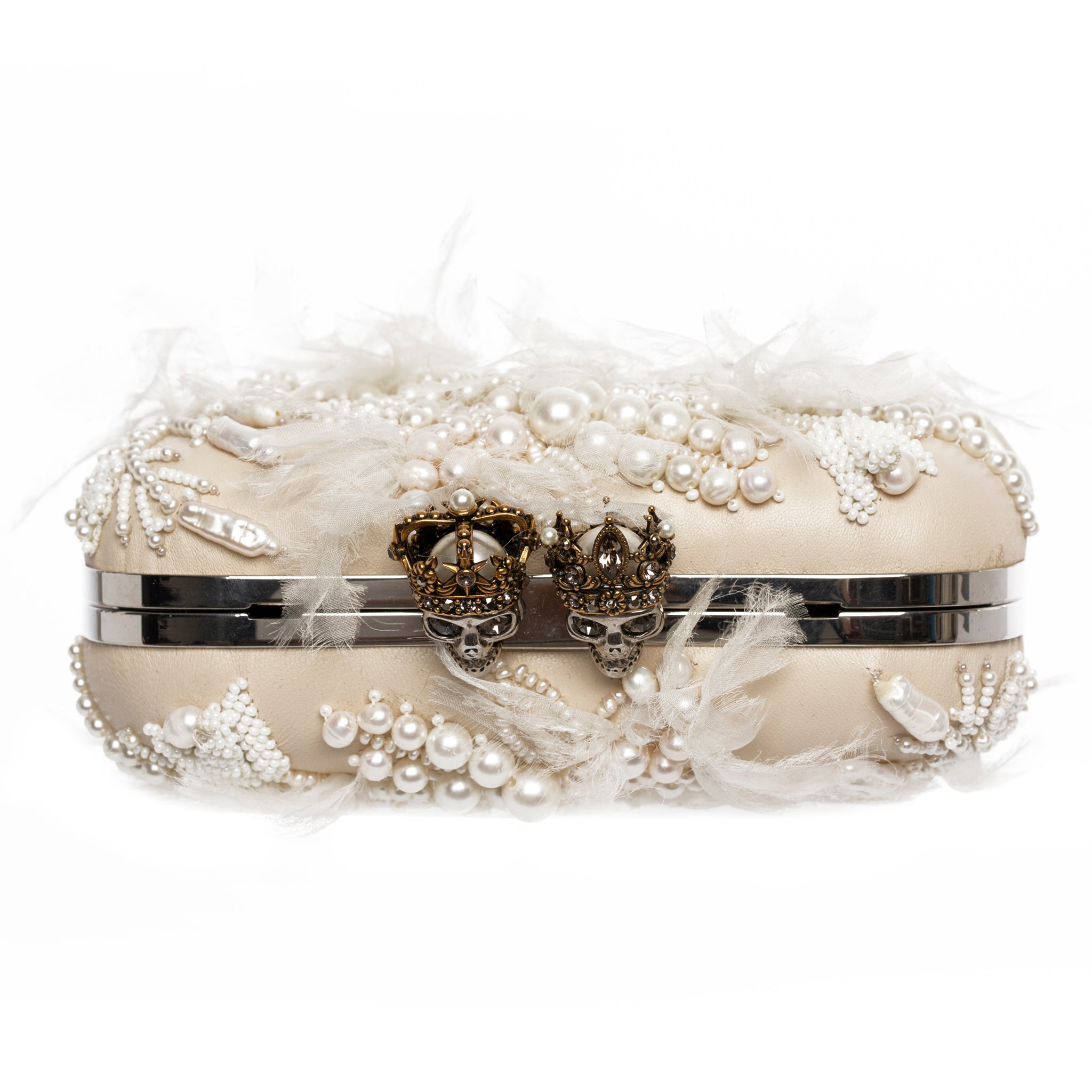 Alexander McQueen Queen & King Ivory Leather, Pearl, Crystal & Silk Clutch Silver Tone Hardware