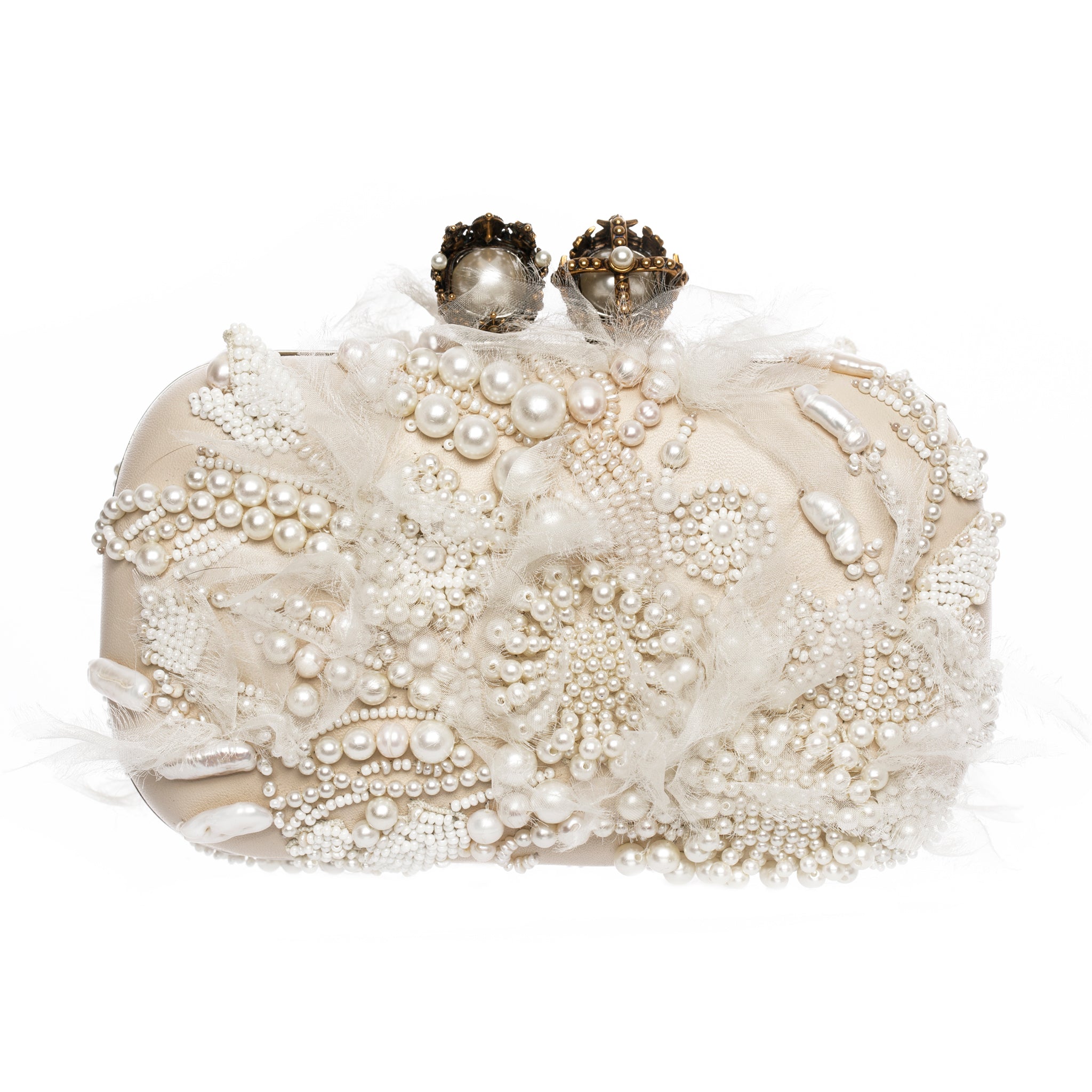 Alexander McQueen Queen & King Ivory Leather, Pearl, Crystal & Silk Clutch Silver Tone Hardware