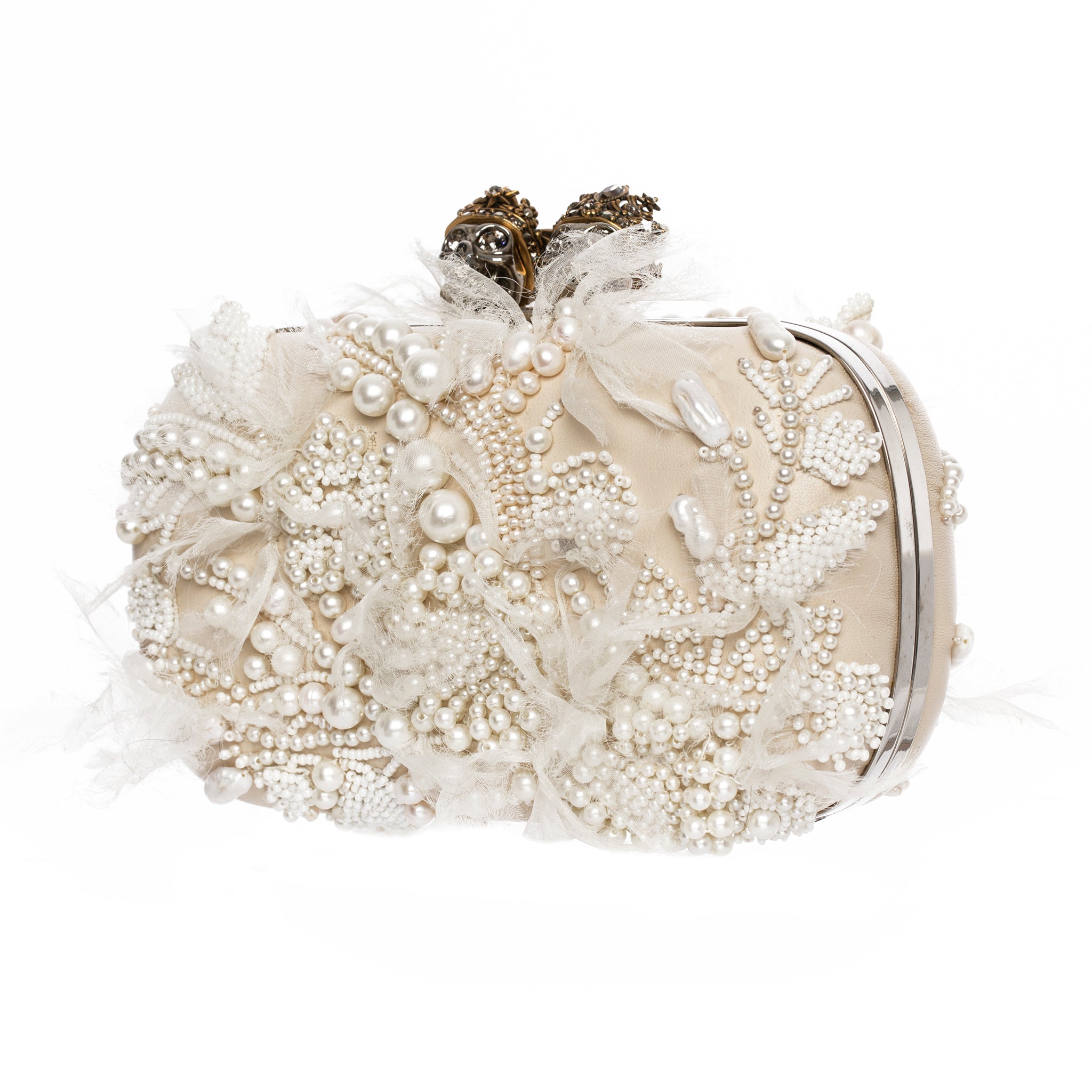 Alexander McQueen Queen & King Ivory Leather, Pearl, Crystal & Silk Clutch Silver Tone Hardware