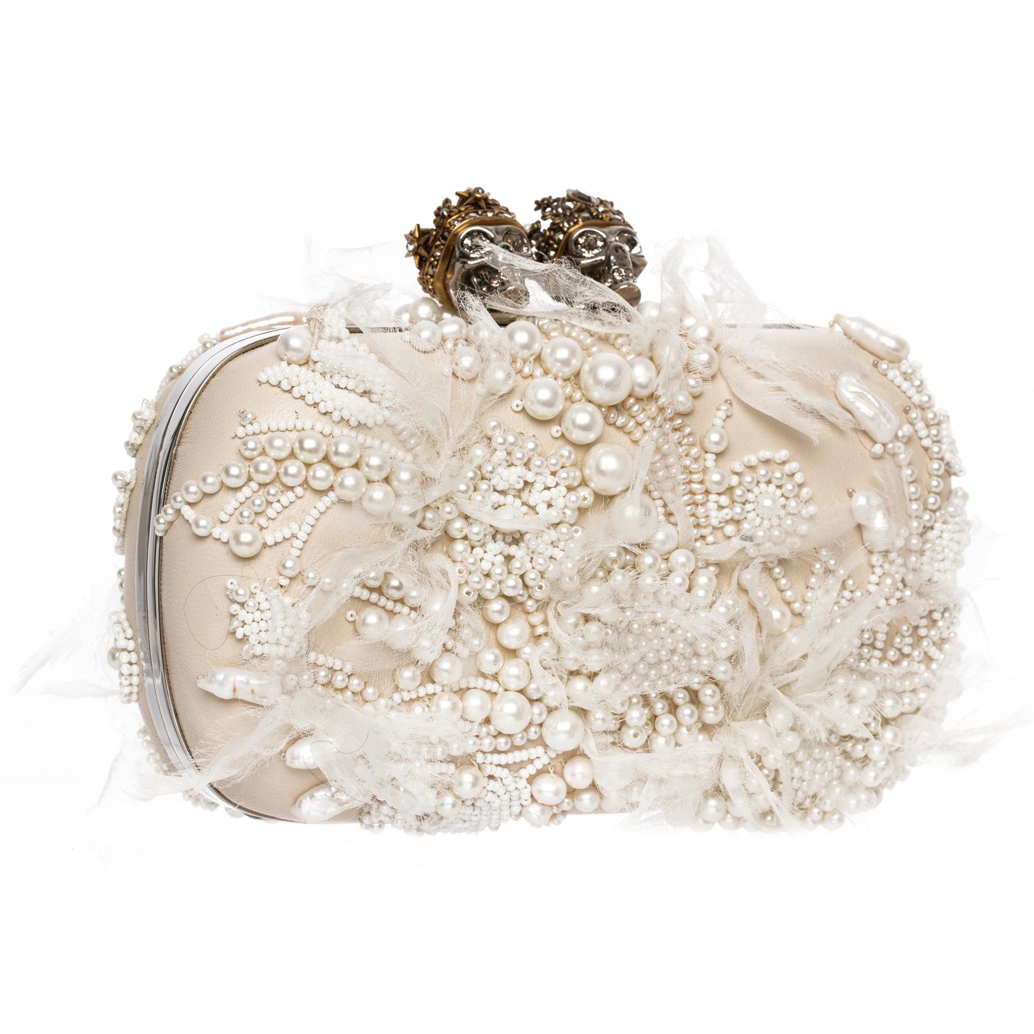 Alexander McQueen Queen & King Ivory Leather, Pearl, Crystal & Silk Clutch Silver Tone Hardware