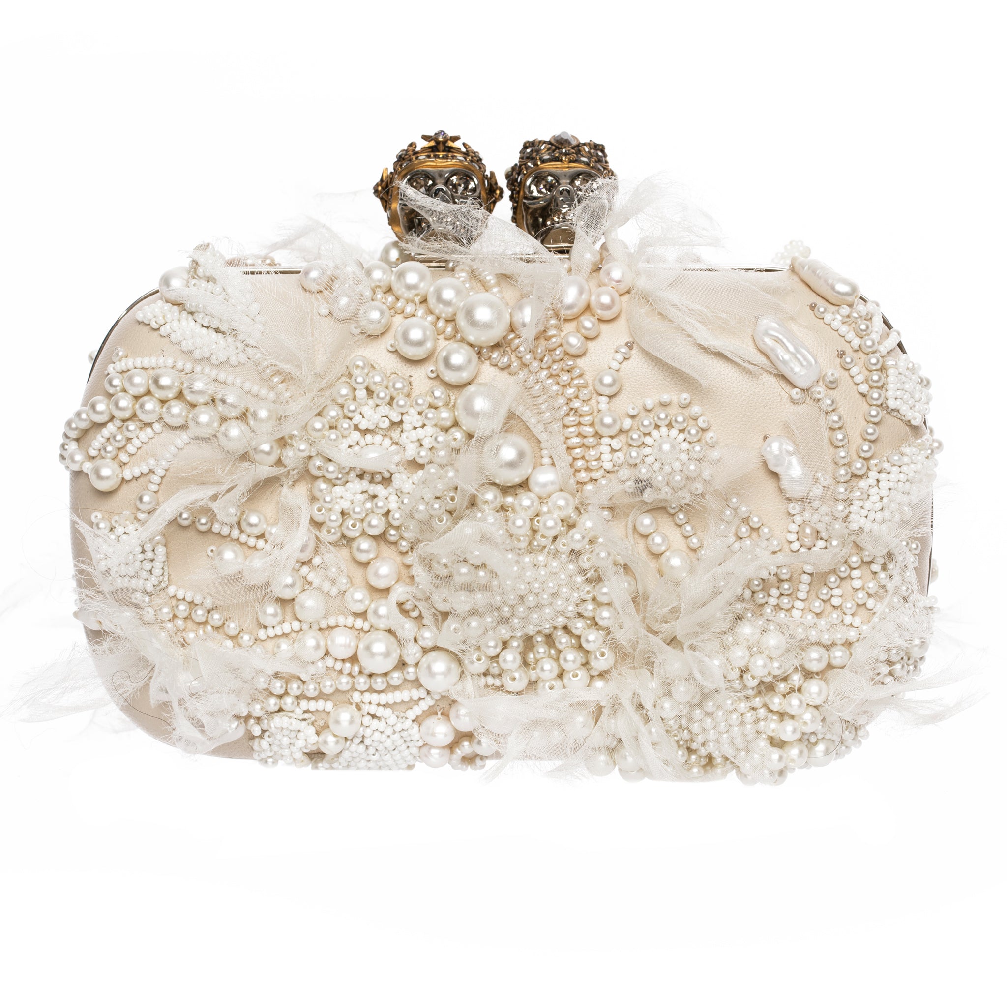 Alexander McQueen Queen & King Ivory Leather, Pearl, Crystal & Silk Clutch Silver Tone Hardware