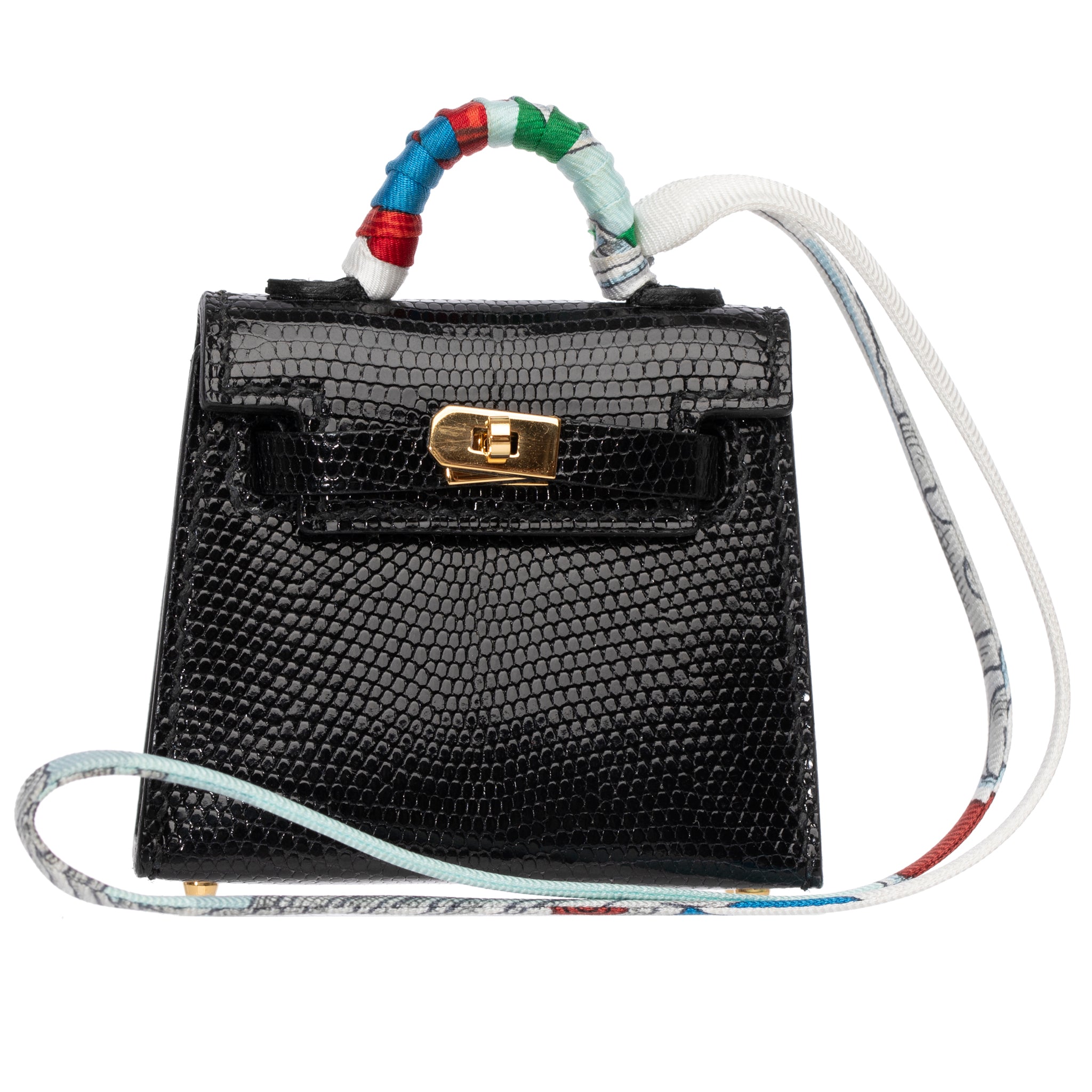 Hermes Micro Kelly Twilly Bag Charm Black Lizard Gold Hardware