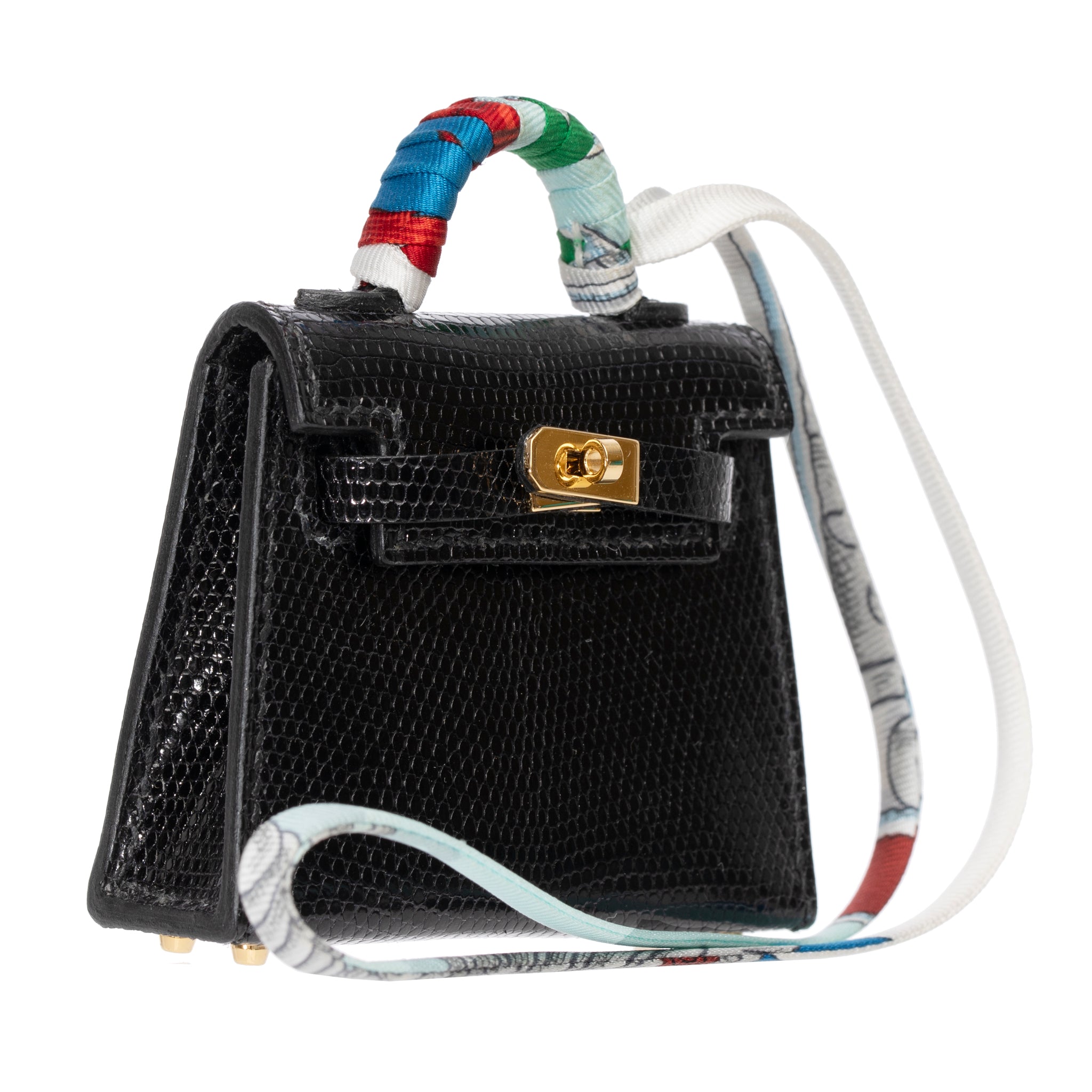 Hermes Micro Kelly Twilly Bag Charm Black Lizard Gold Hardware