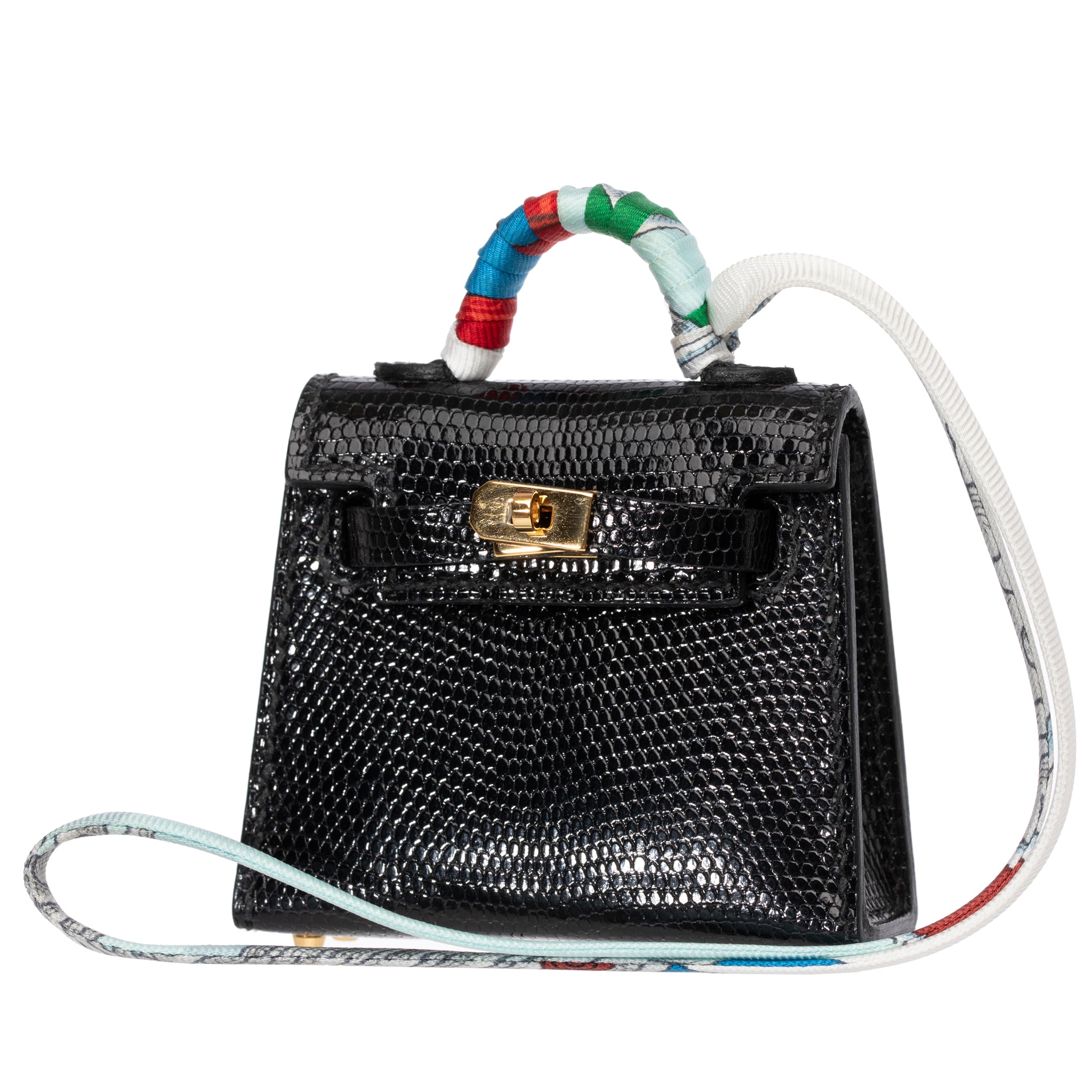 Hermes Micro Kelly Twilly Bag Charm Black Lizard Gold Hardware