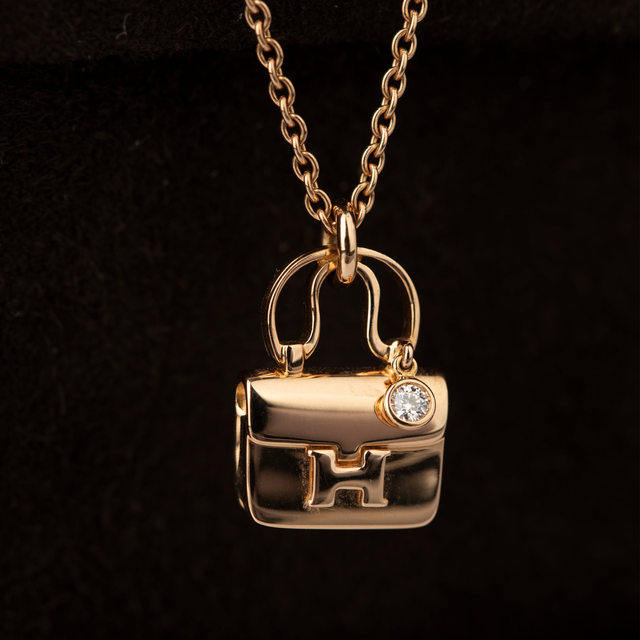 Hermes Constance Amulette Pendant Necklace Single Diamond Rose Gold