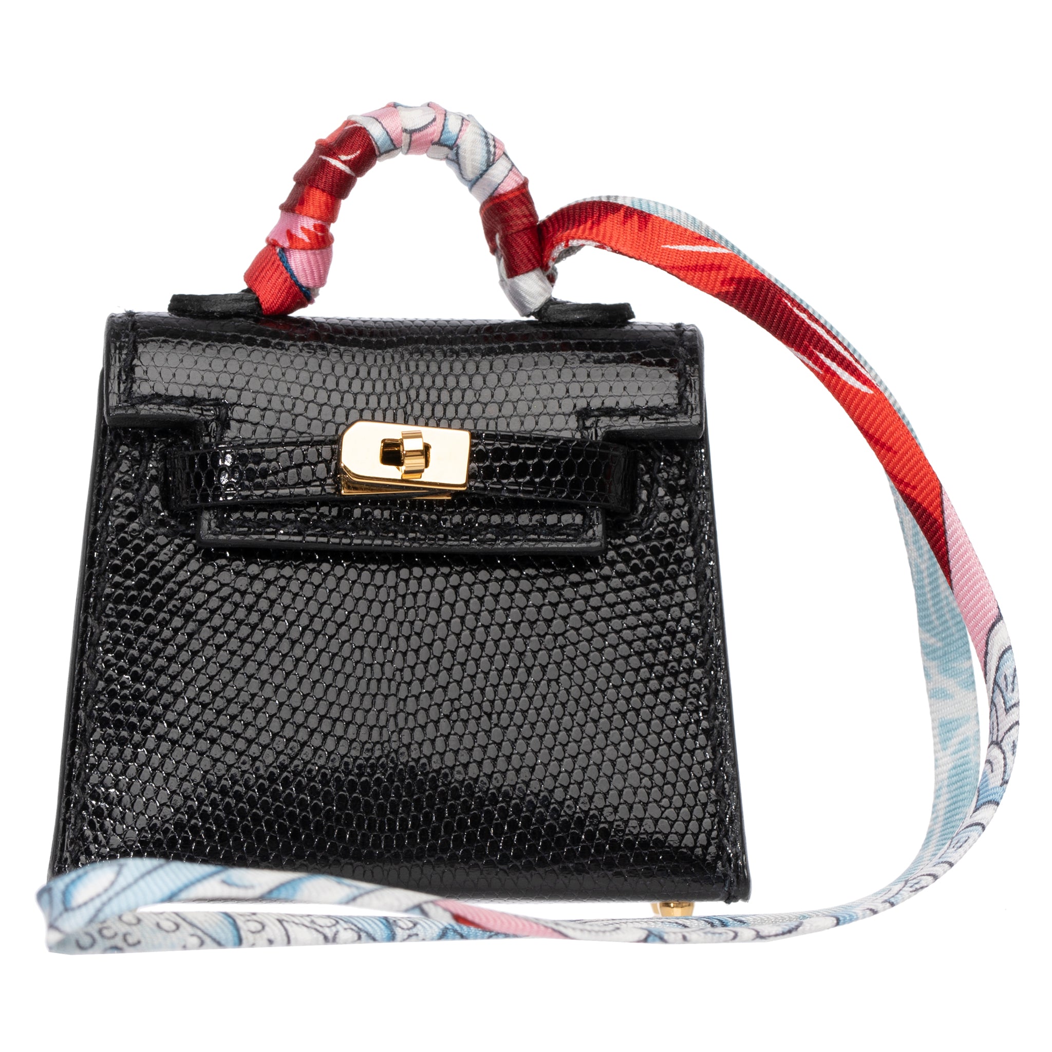 Hermes Micro Kelly Twilly Bag Charm Black Lizard Gold Hardware