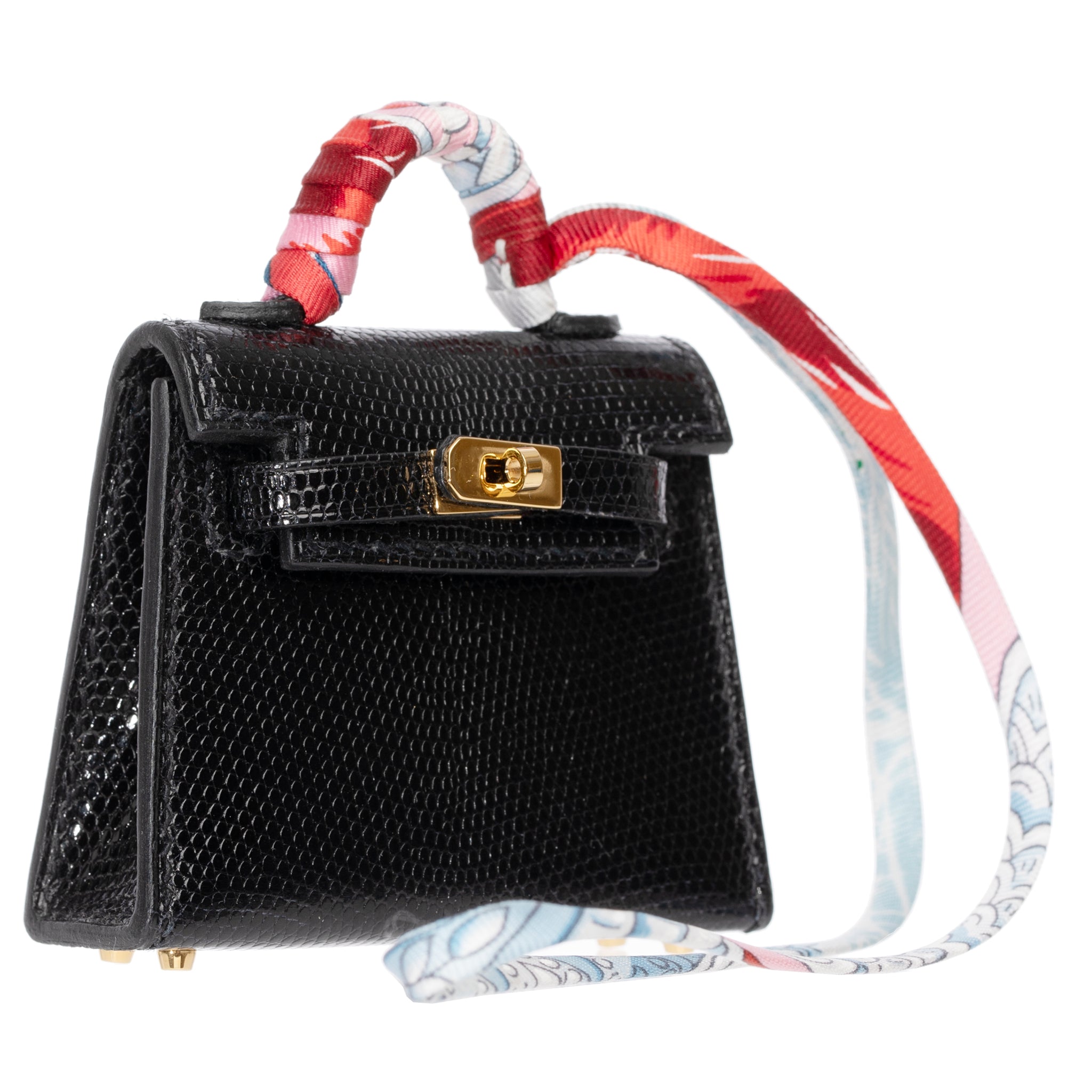 Hermes Micro Kelly Twilly Bag Charm Black Lizard Gold Hardware