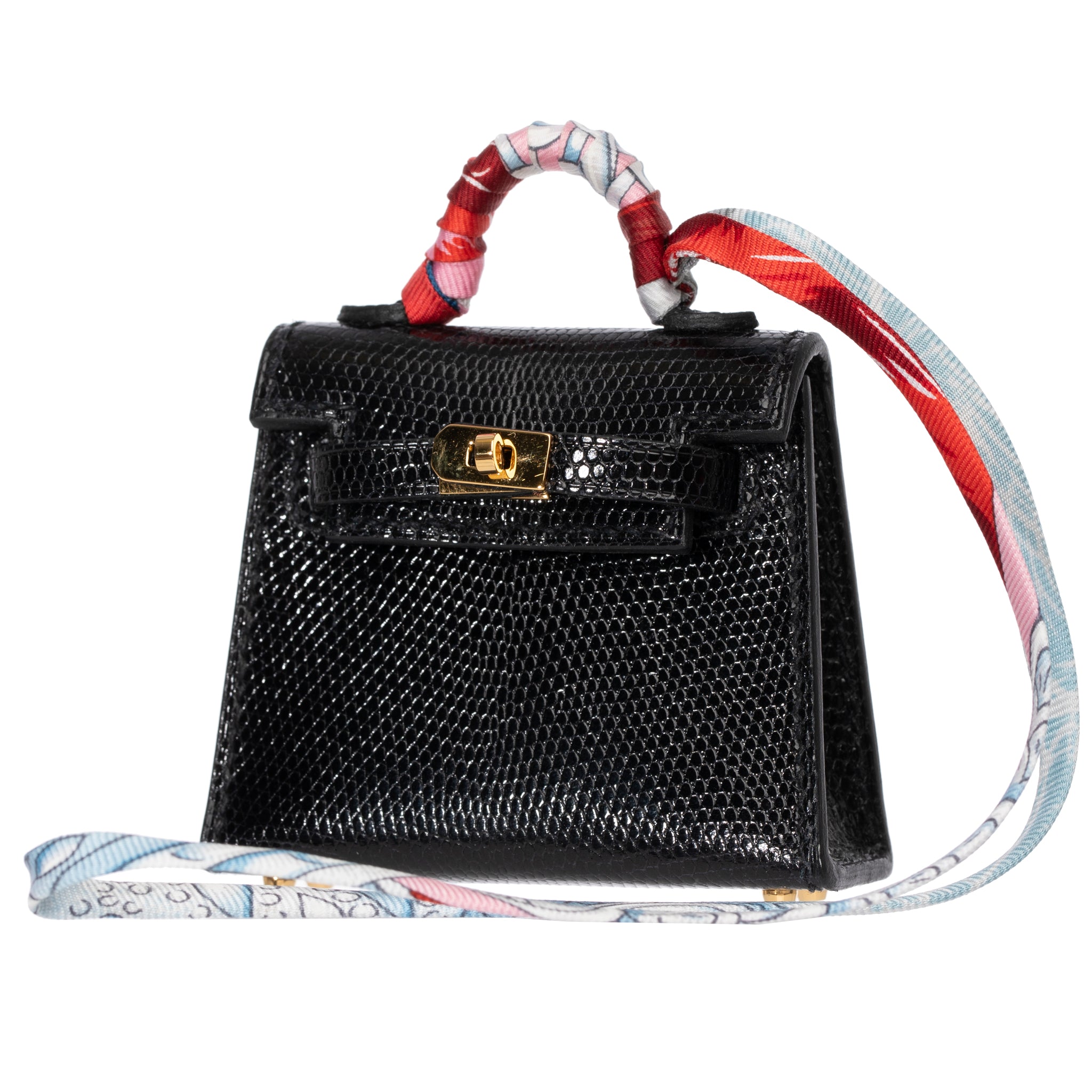 Hermes Micro Kelly Twilly Bag Charm Black Lizard Gold Hardware