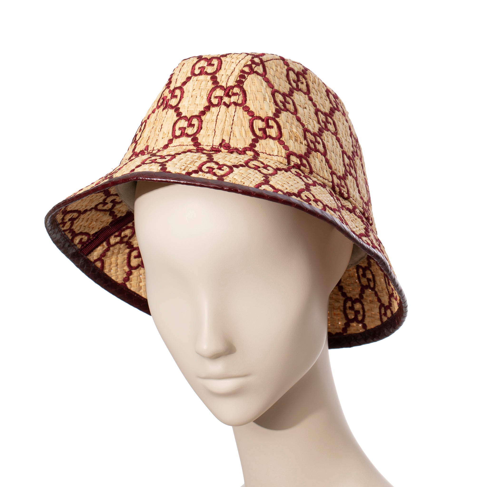 Gucci GG Logo Raffia Bucket Hat With Python Trim