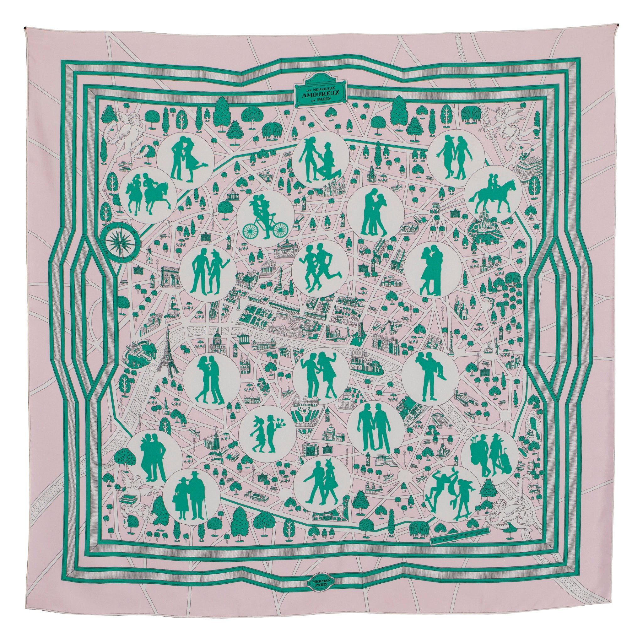 Hermes "City Map" Silk Scarf Pink, Green & Blanc 90 Cm