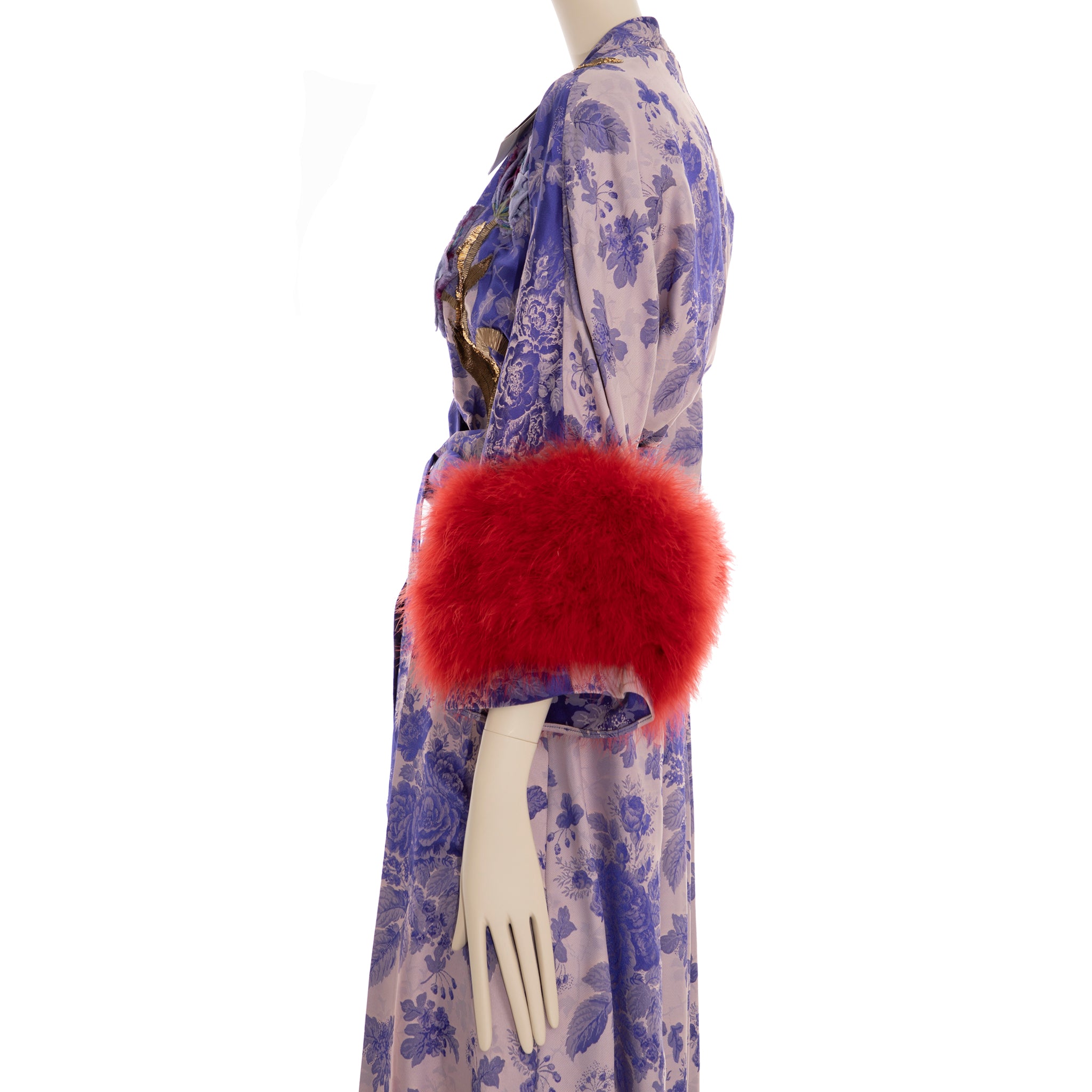 Gucci Floral Jacquard Wrap Dress With Ostrich Feathers 38 IT