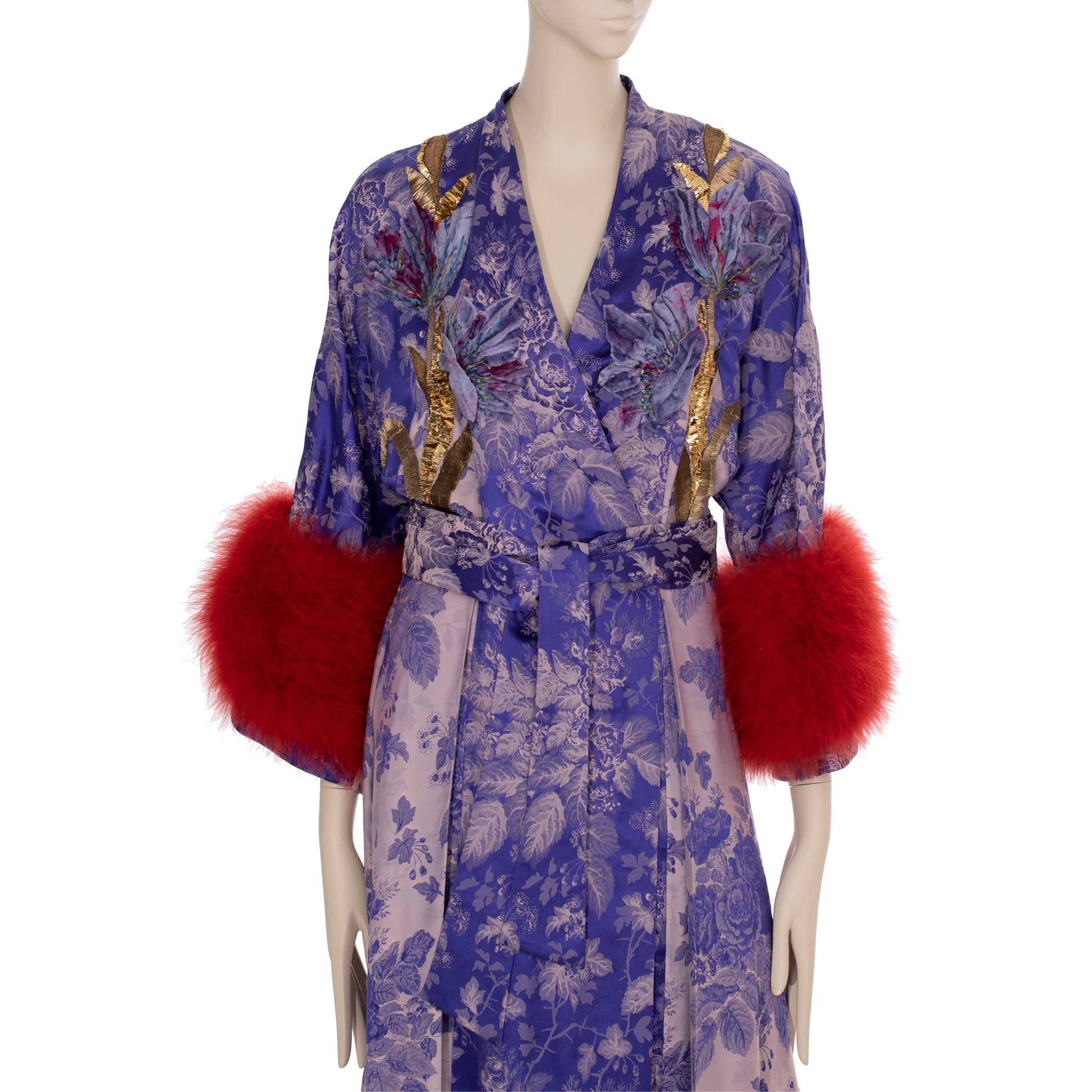 Gucci Floral Jacquard Wrap Dress With Ostrich Feathers 38 IT