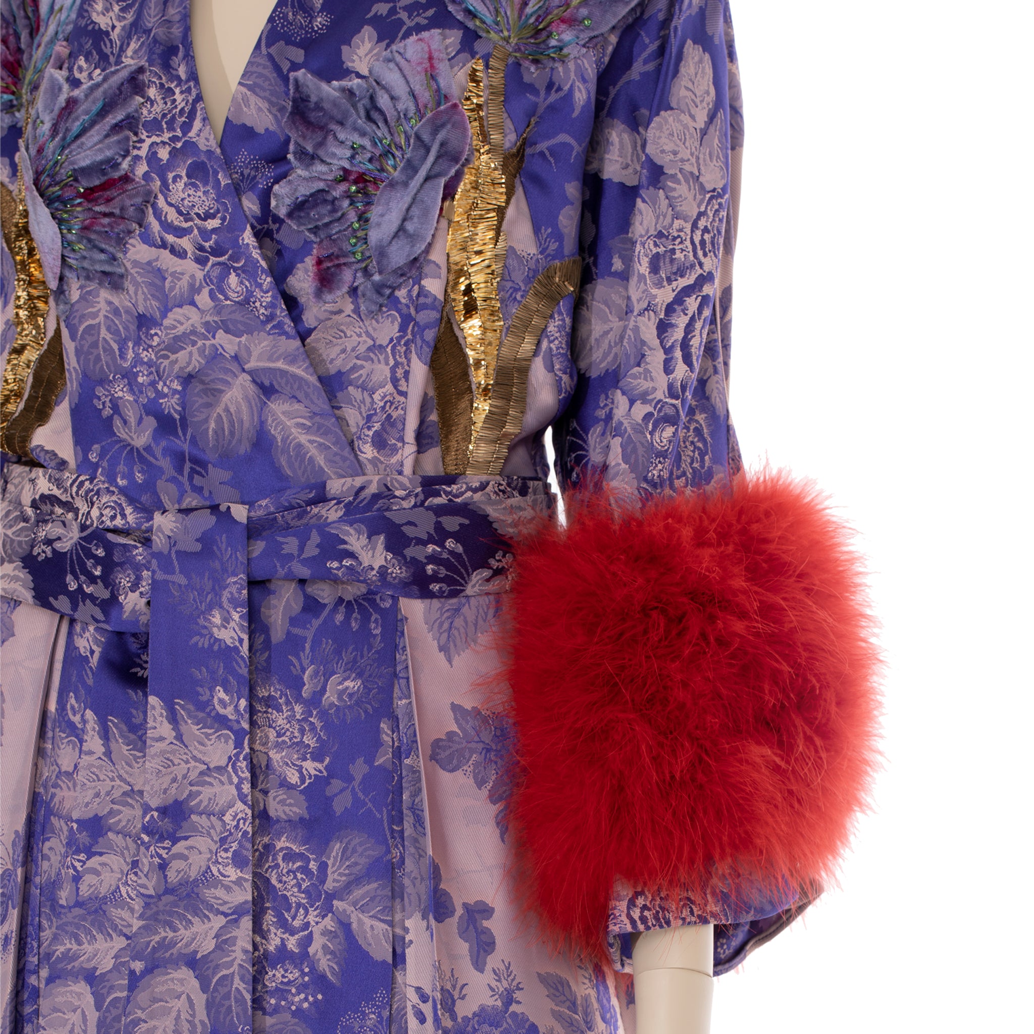 Gucci Floral Jacquard Wrap Dress With Ostrich Feathers 38 IT