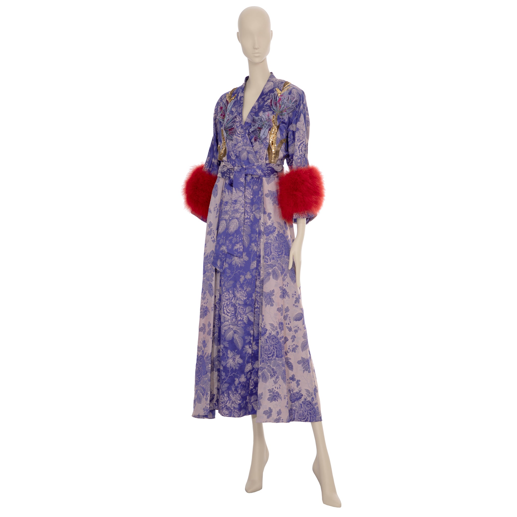 Gucci Floral Jacquard Wrap Dress With Ostrich Feathers 38 IT