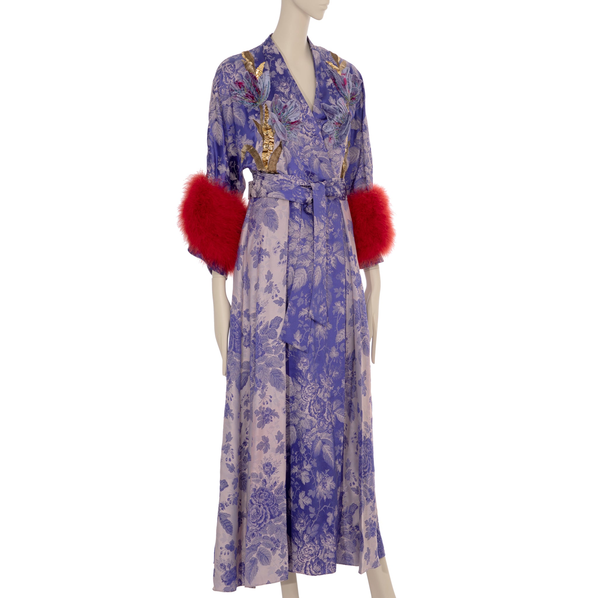 Gucci Floral Jacquard Wrap Dress With Ostrich Feathers 38 IT