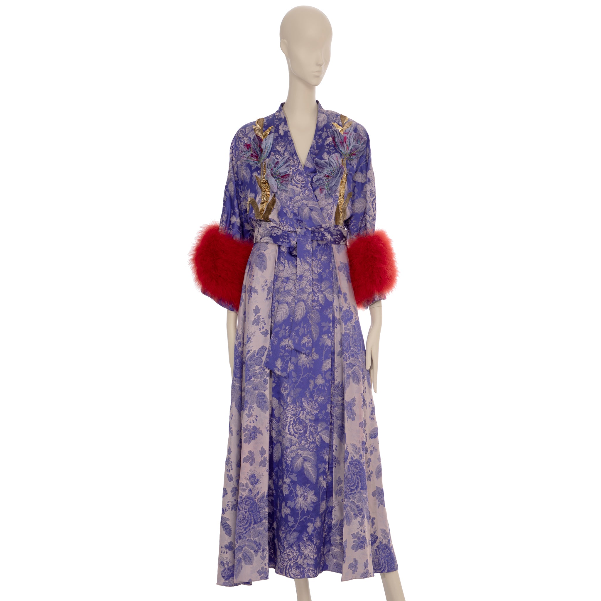 Gucci Floral Jacquard Wrap Dress With Ostrich Feathers 38 IT