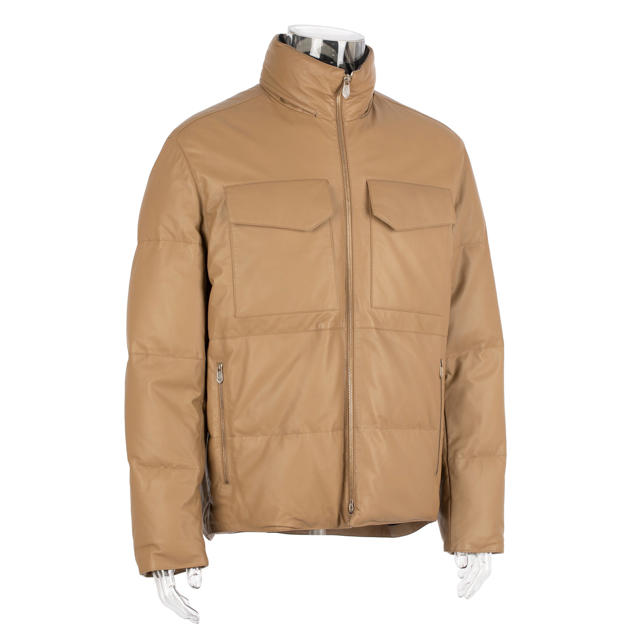 Hermes Mens Matelasse Tan Leather Puffer Jacket 48 FR
