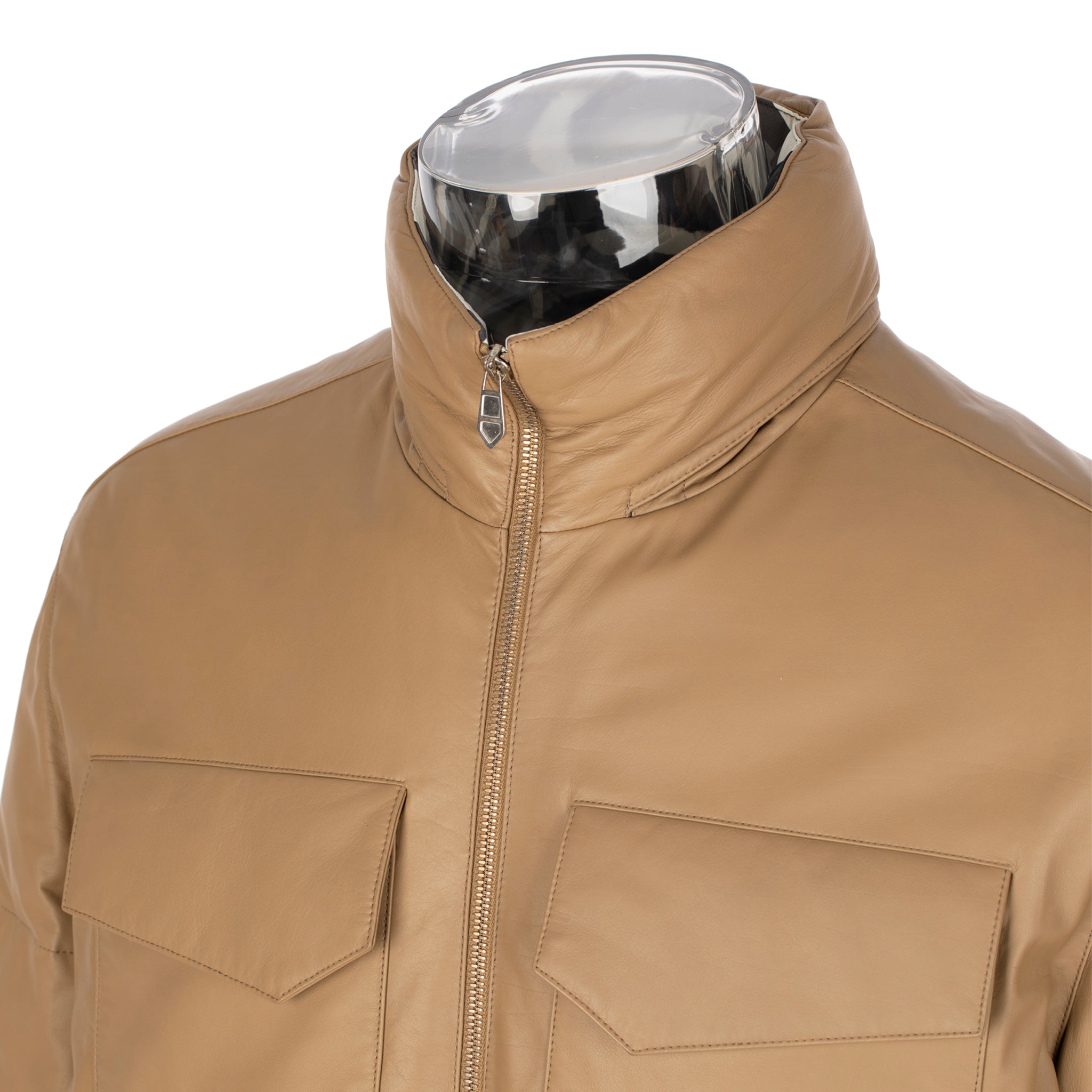 Hermes Mens Matelasse Tan Leather Puffer Jacket 48 FR