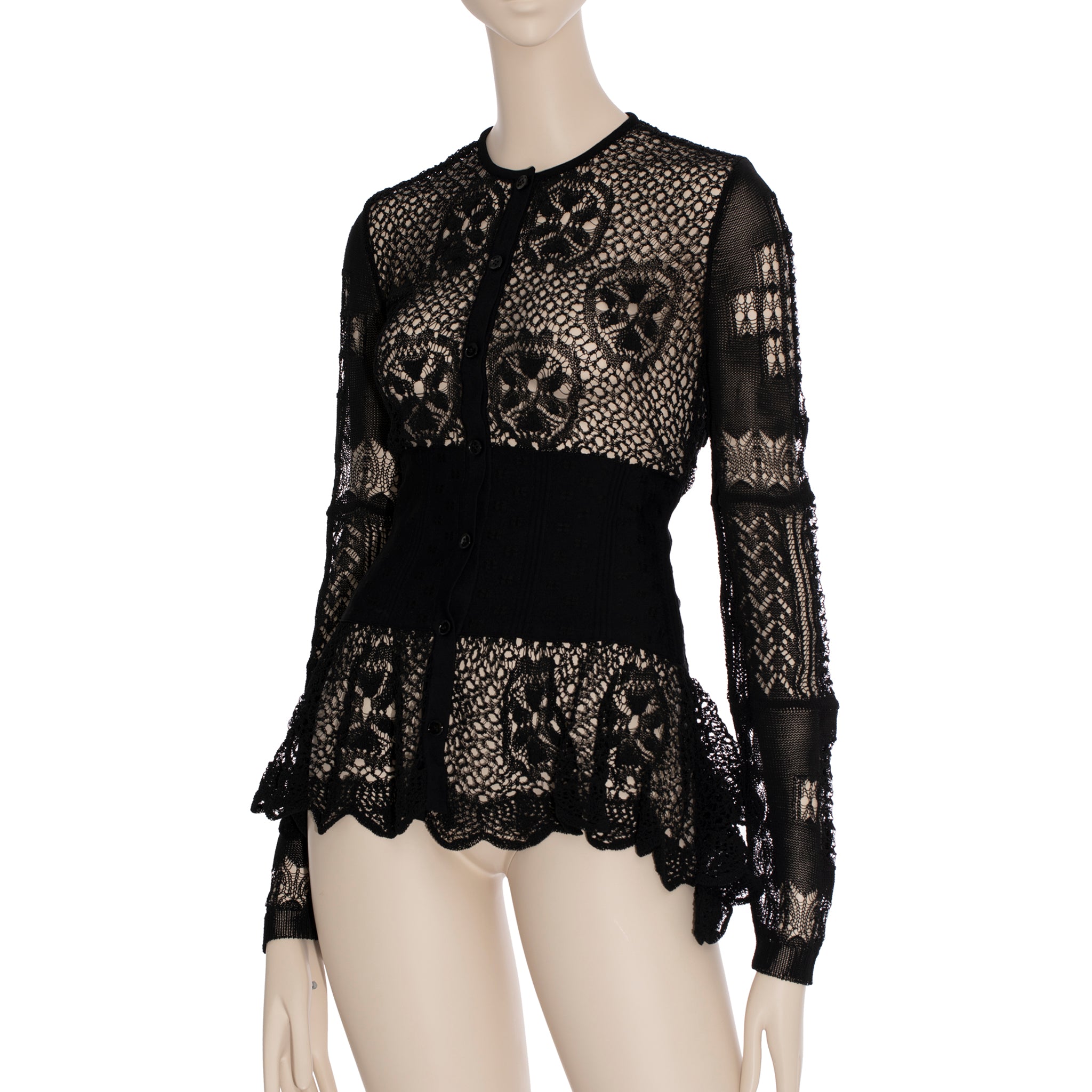 Alexander McQueen Patchwork Lace Peplum Cardigan in Black Small