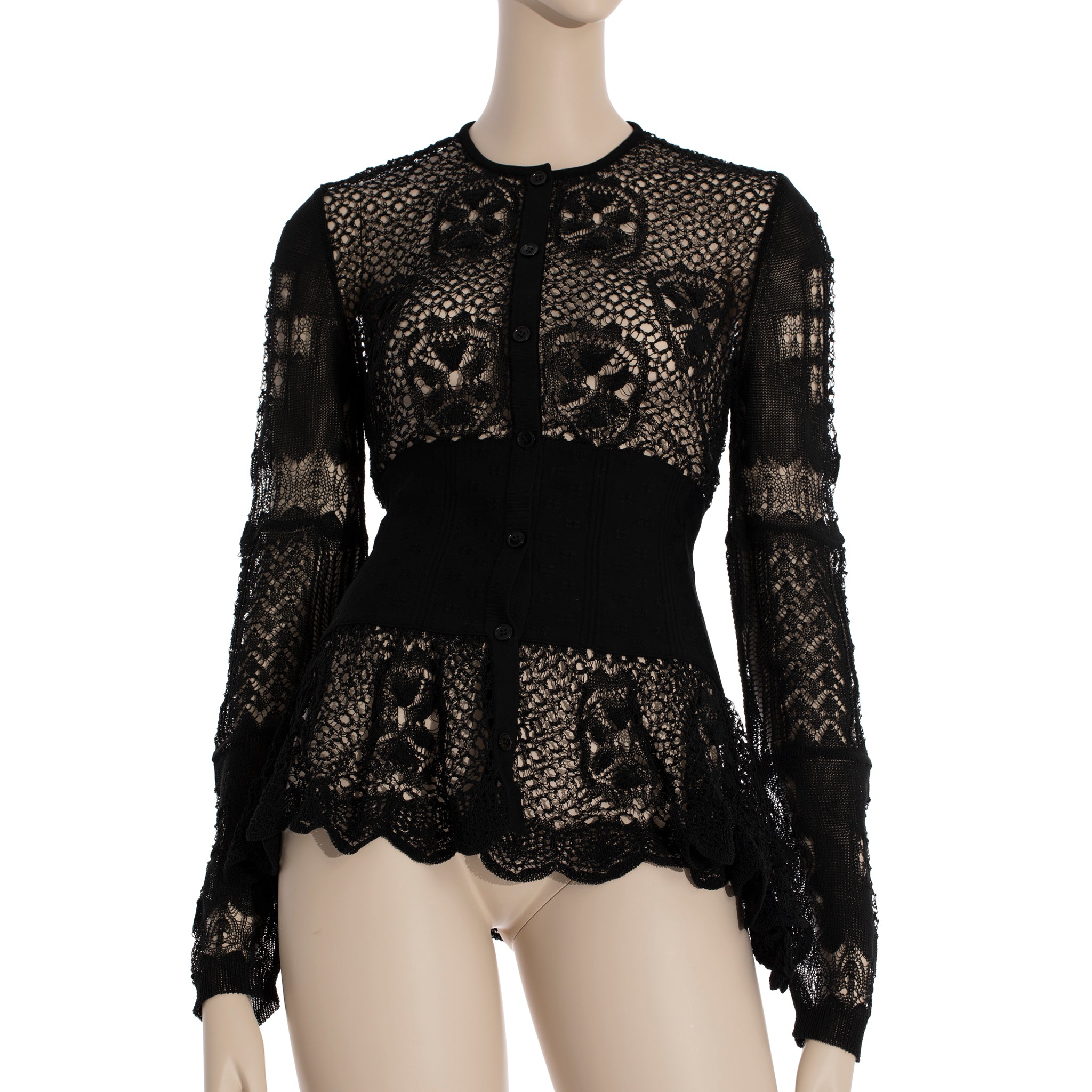 Alexander McQueen Patchwork Lace Peplum Cardigan in Black Small