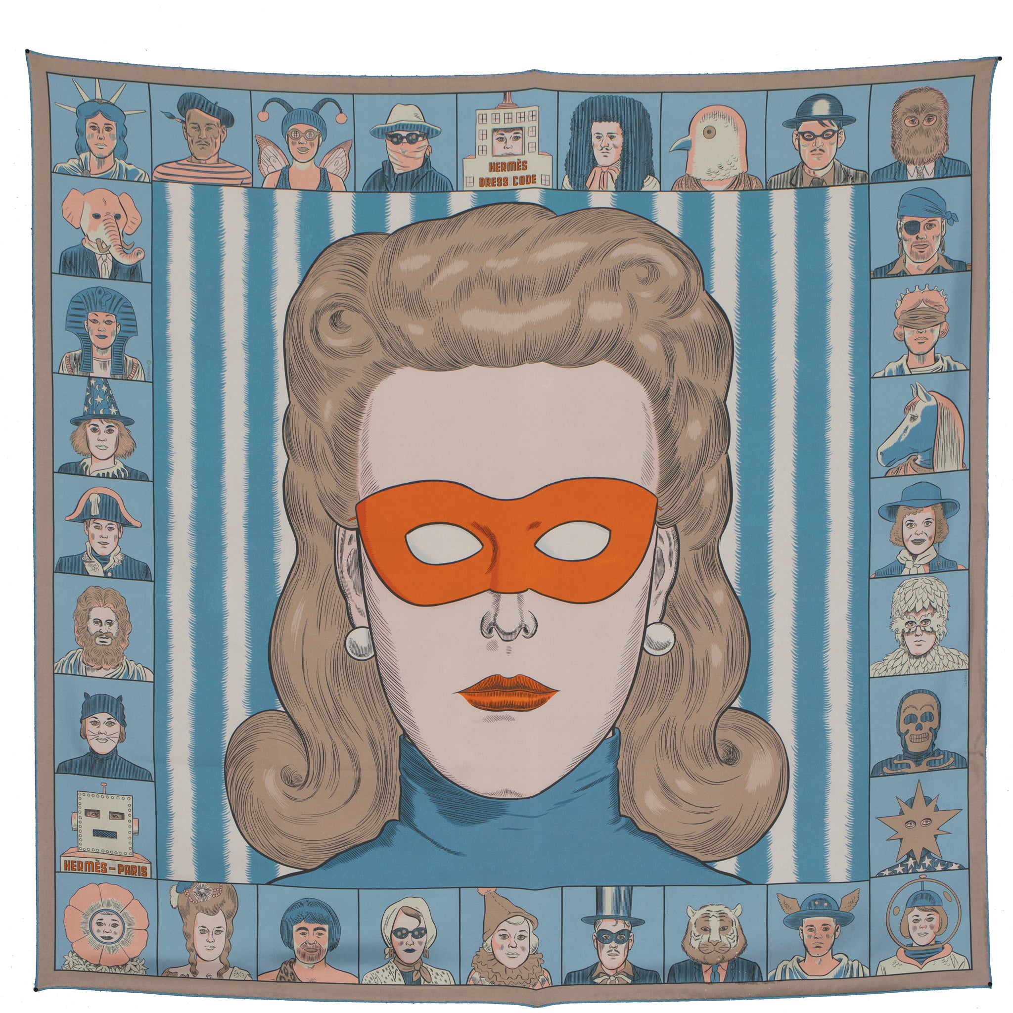 Hermes Double Sided "Dress Code" Silk Scarf Blue, Mordore, Vieux Rose 90 cm