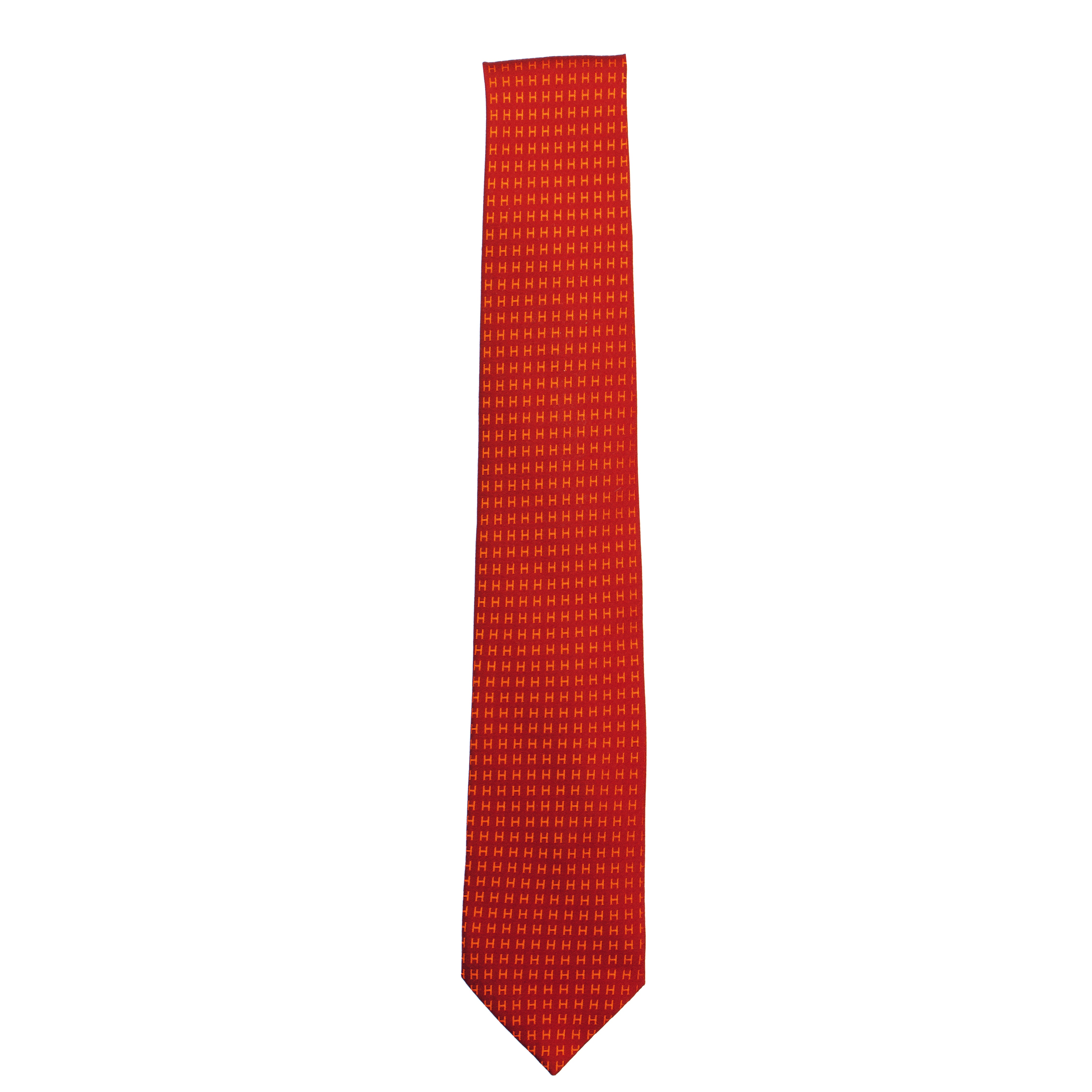 Hermes Mens Orange & Potiron H Pattern Silk Tie