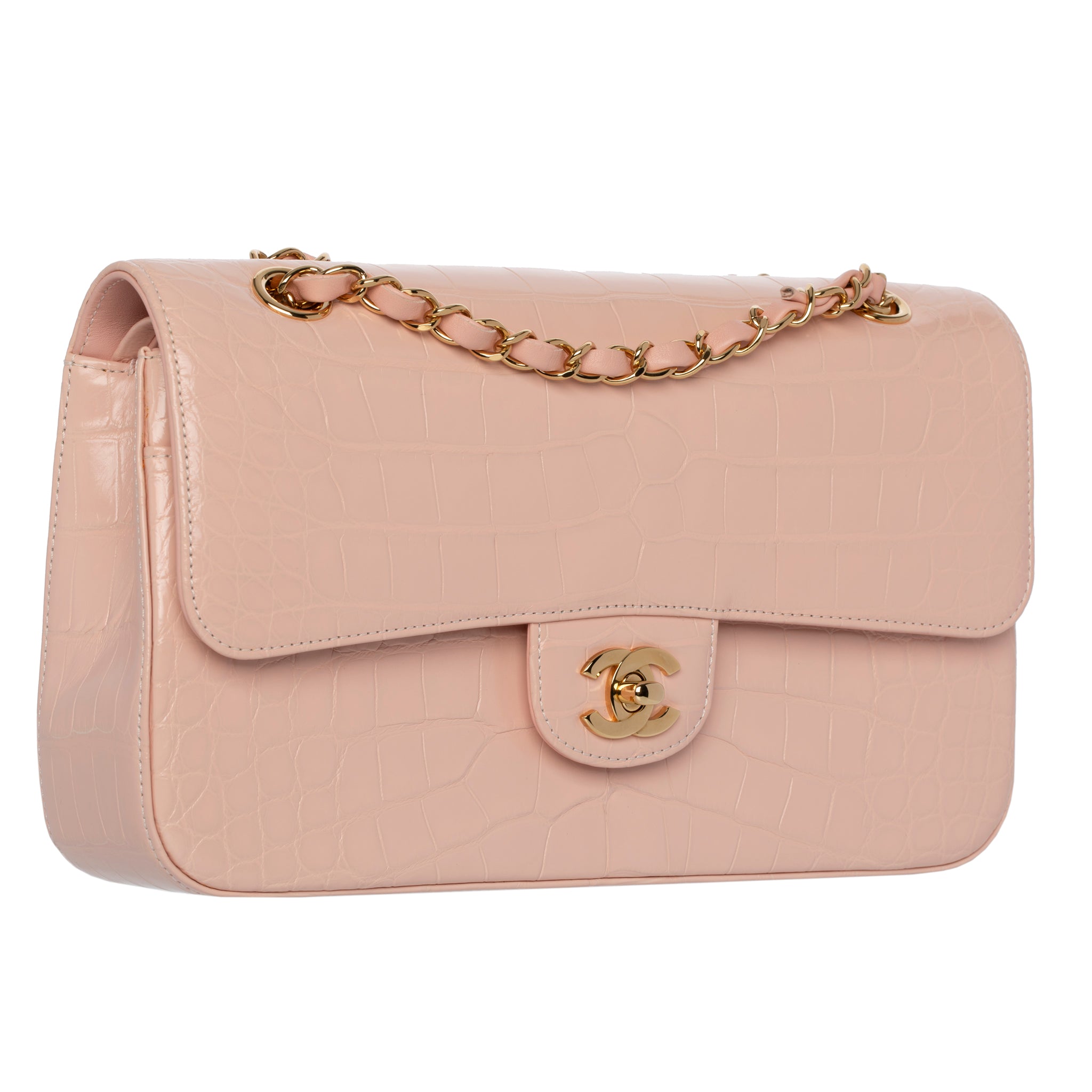 Chanel Medium Double Classic Flap Bag Pale Pink Crocodile Leather Gold Tone Hardware
