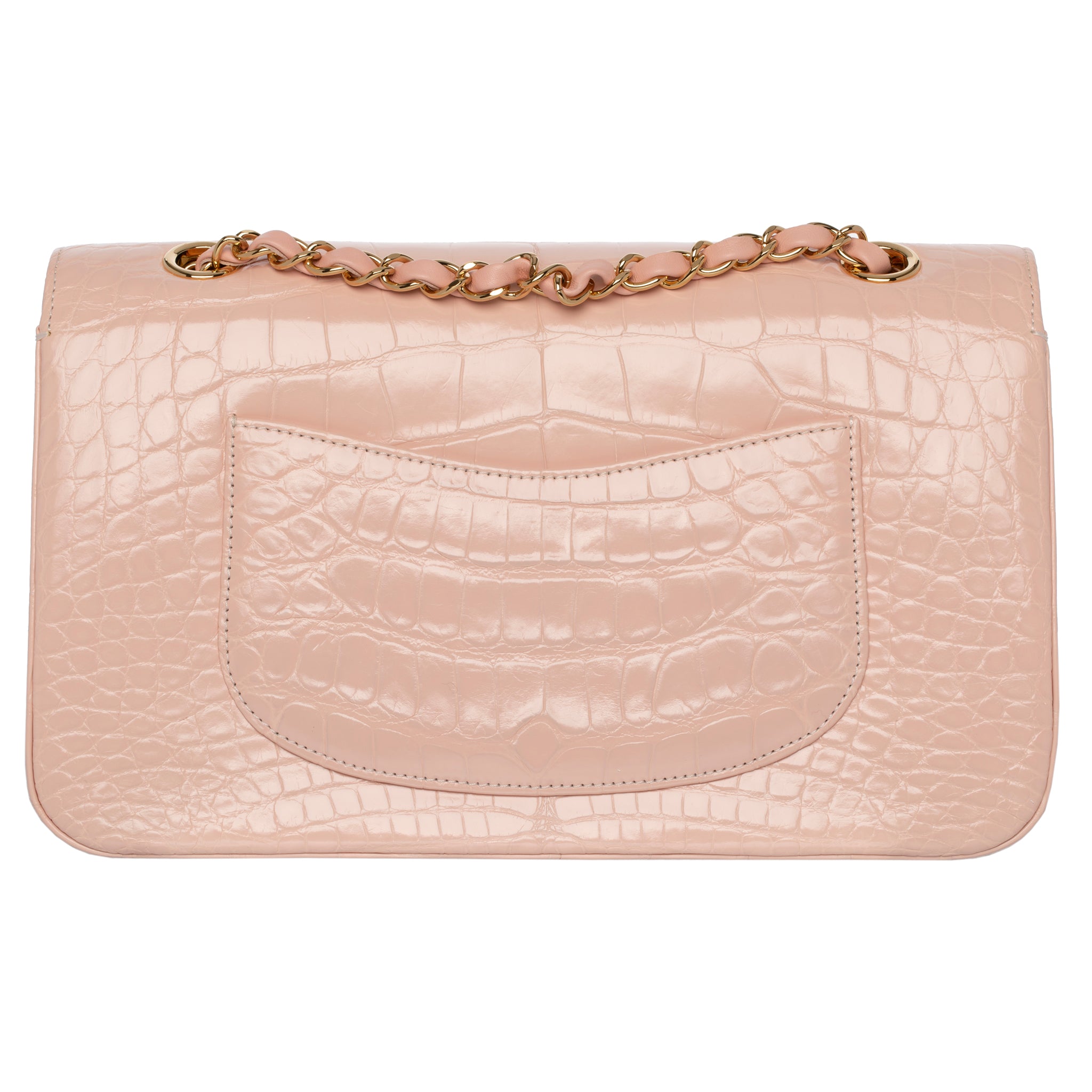 Chanel Medium Double Classic Flap Bag Pale Pink Crocodile Leather Gold Tone Hardware