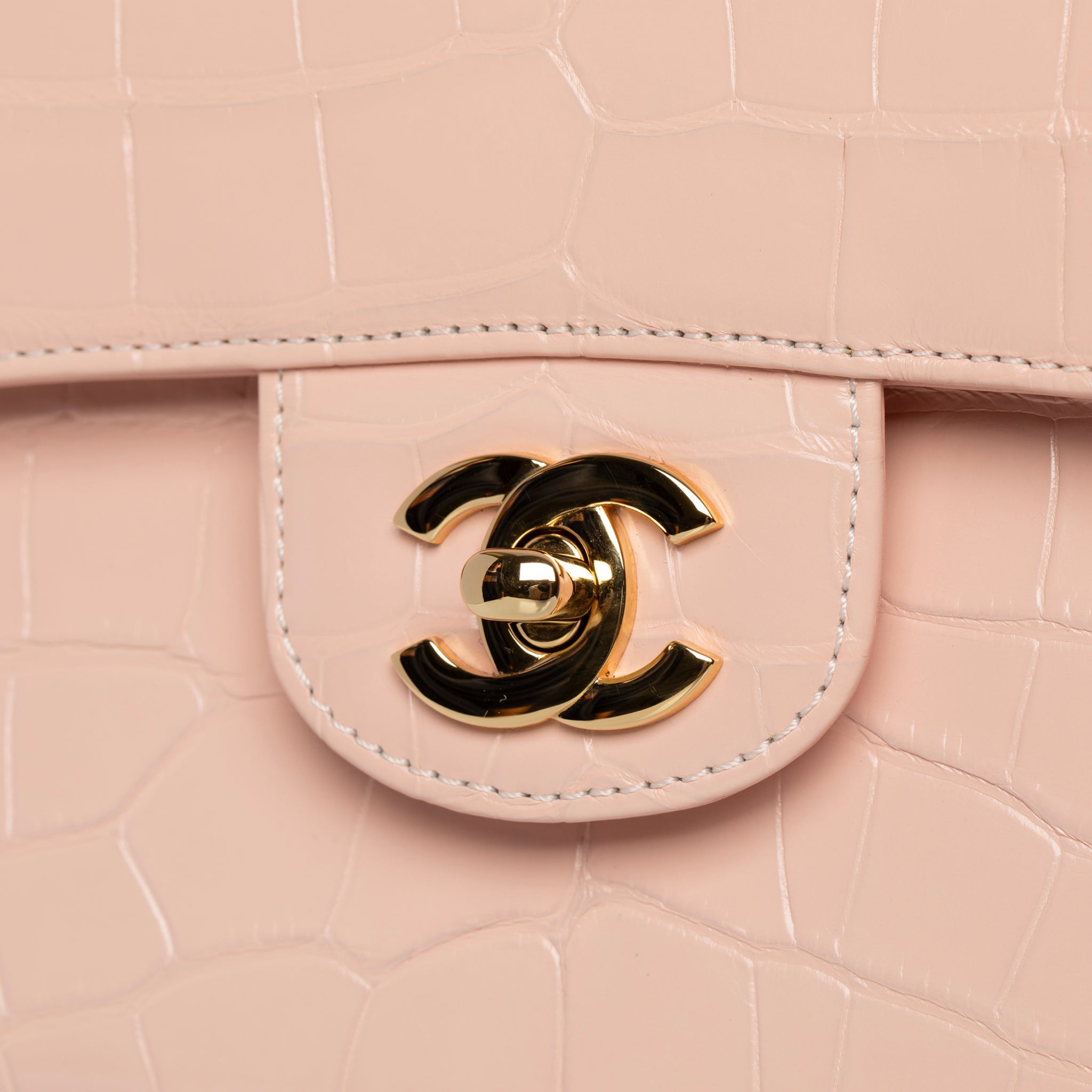 Chanel Medium Double Classic Flap Bag Pale Pink Crocodile Leather Gold Tone Hardware