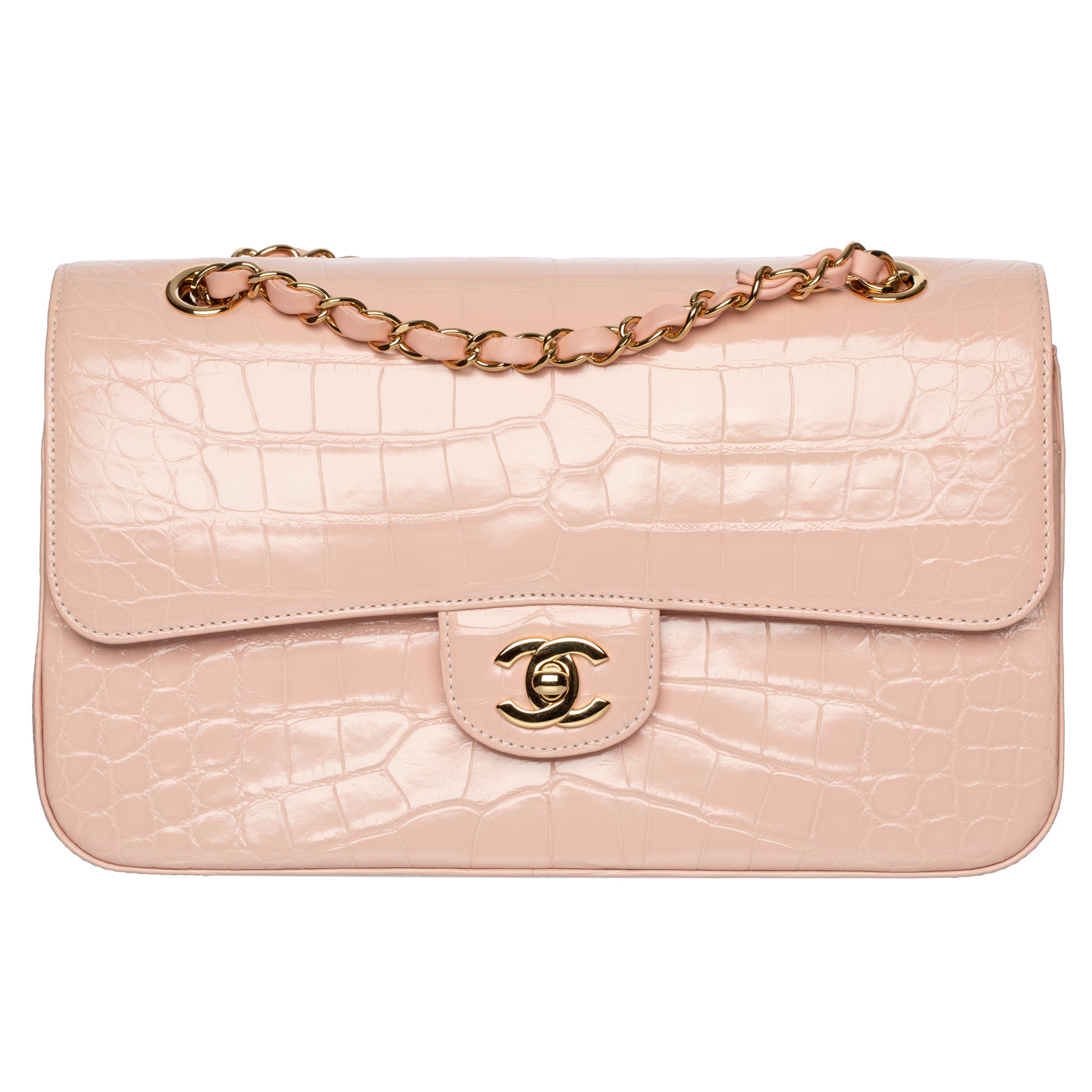 Chanel Medium Double Classic Flap Bag Pale Pink Crocodile Leather Gold Tone Hardware