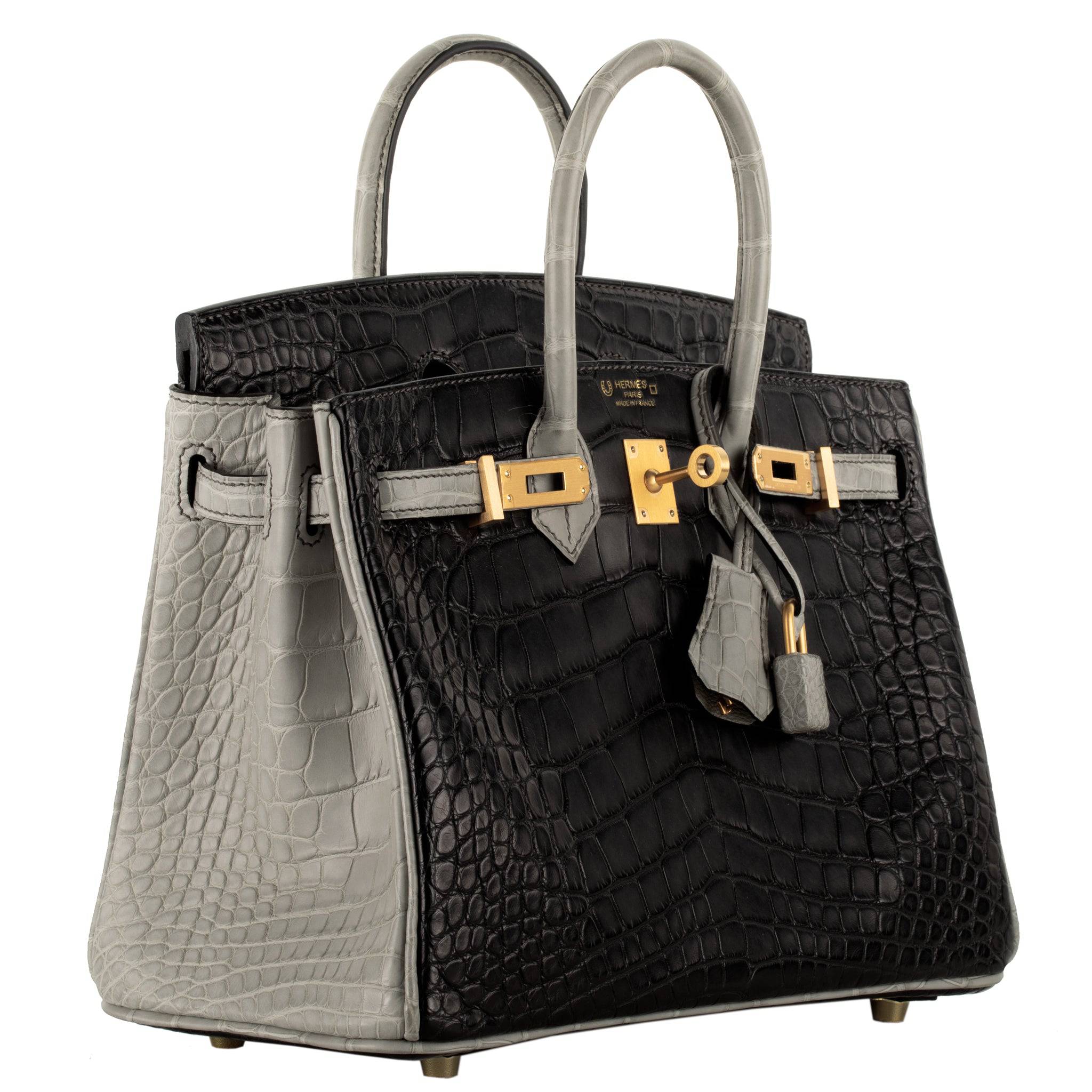 HERMES BIRKIN 25CM SPECIAL ORDER GRIS PERLE & GRAPHITE MATTE ALLIGATOR BRUSHED GOLD HARDWARE - On Repeat