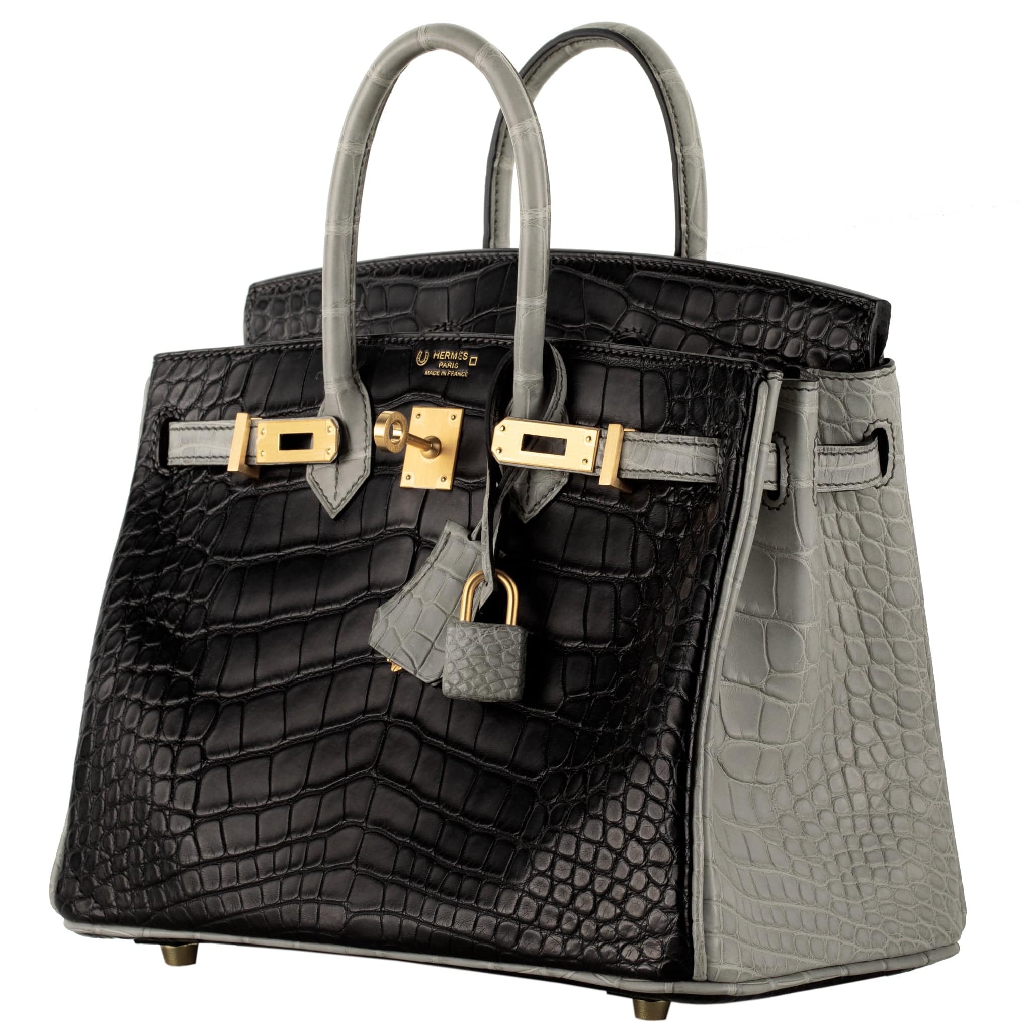 HERMES BIRKIN 25CM SPECIAL ORDER GRIS PERLE & GRAPHITE MATTE ALLIGATOR BRUSHED GOLD HARDWARE - On Repeat