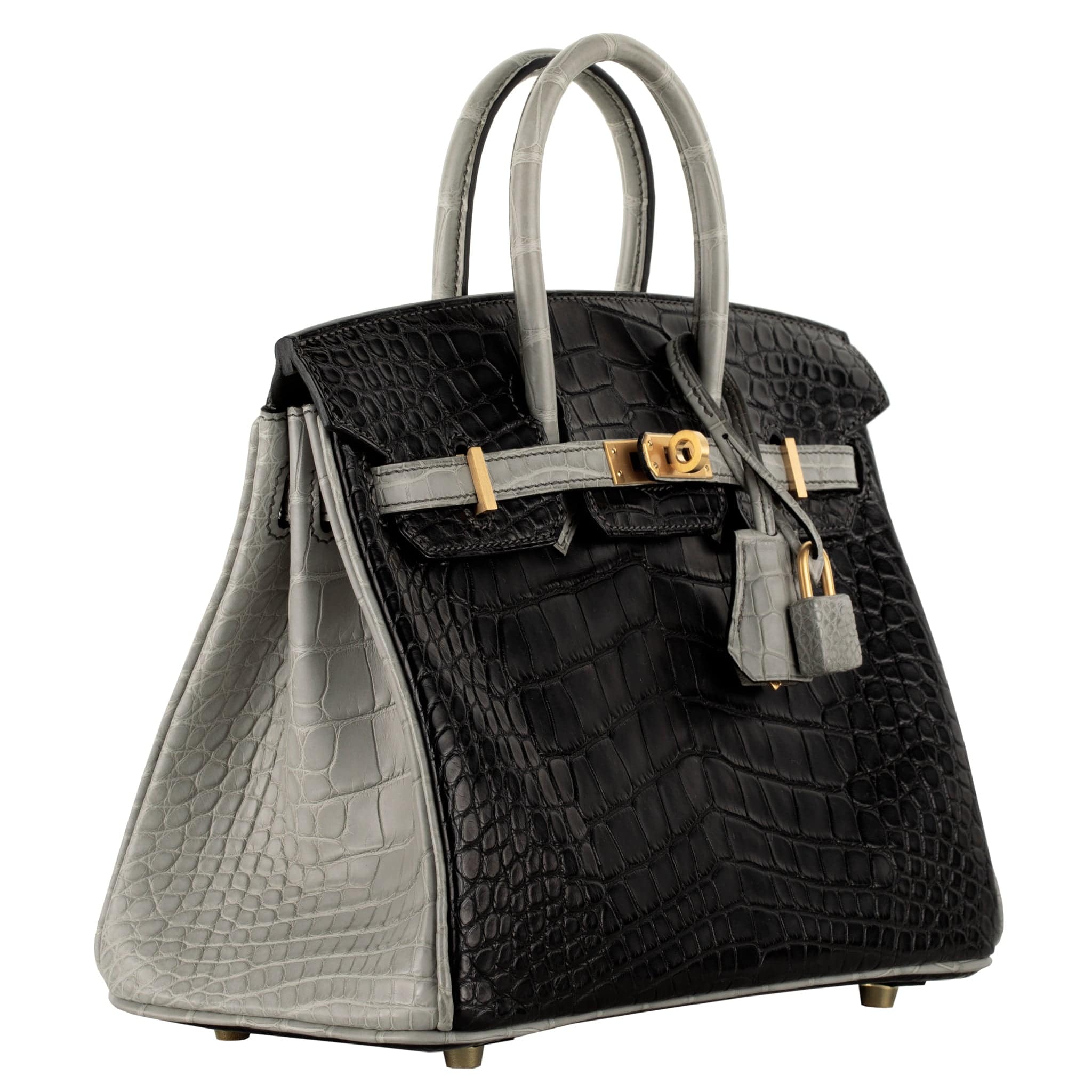 HERMES BIRKIN 25CM SPECIAL ORDER GRIS PERLE & GRAPHITE MATTE ALLIGATOR BRUSHED GOLD HARDWARE - On Repeat