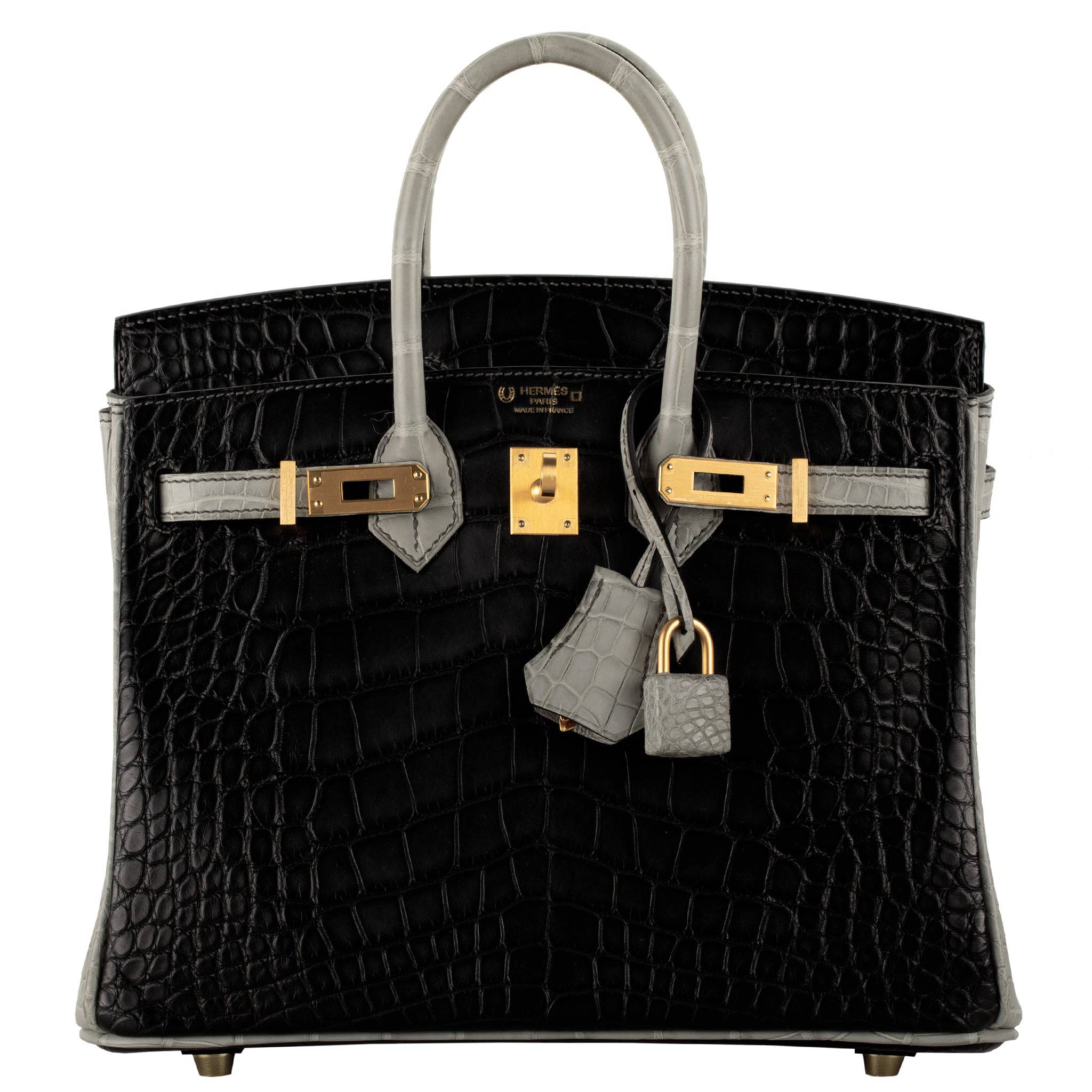 HERMES BIRKIN 25CM SPECIAL ORDER GRIS PERLE & GRAPHITE MATTE ALLIGATOR BRUSHED GOLD HARDWARE - On Repeat